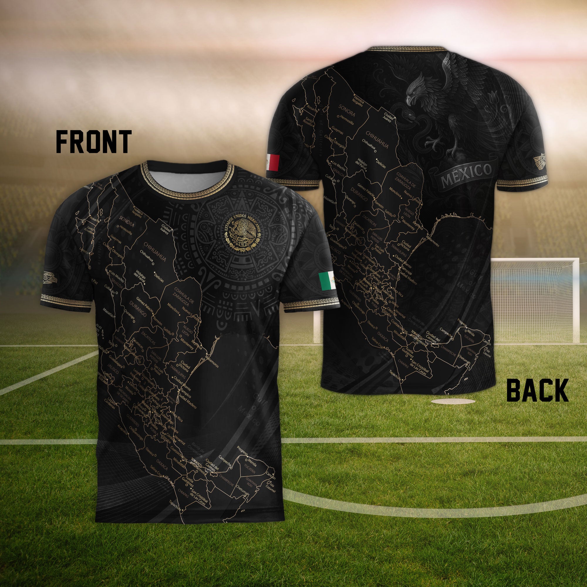Mexico Black Soccer Jersey with Aztec Sunstone and Heritage Map Design