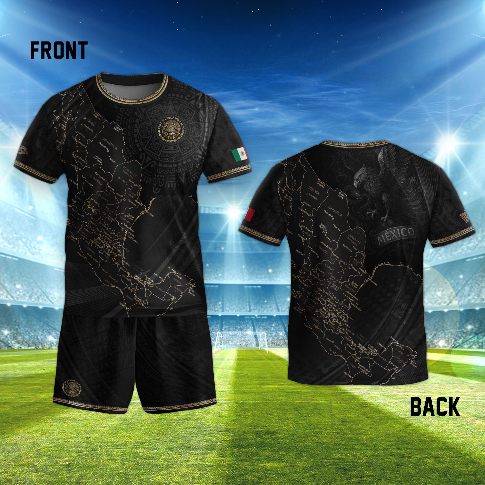 Mexico Kids Black Gold Map Aztec Pattern Soccer Jersey