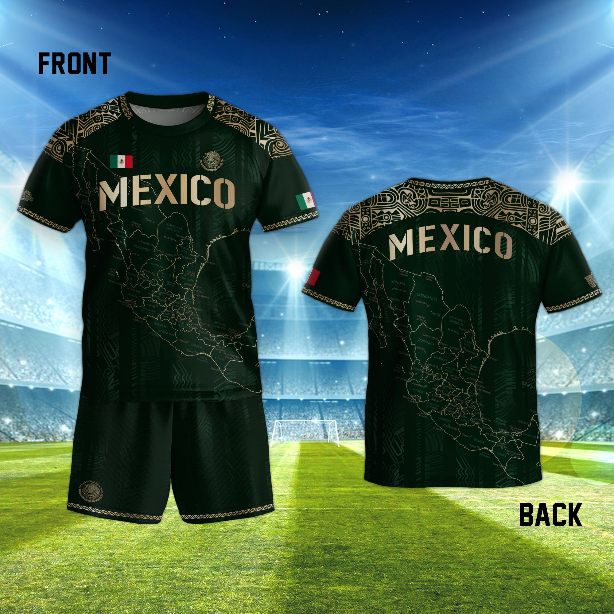Soccer Jersey for Kids Mexico Green Gold Map Aztec Design