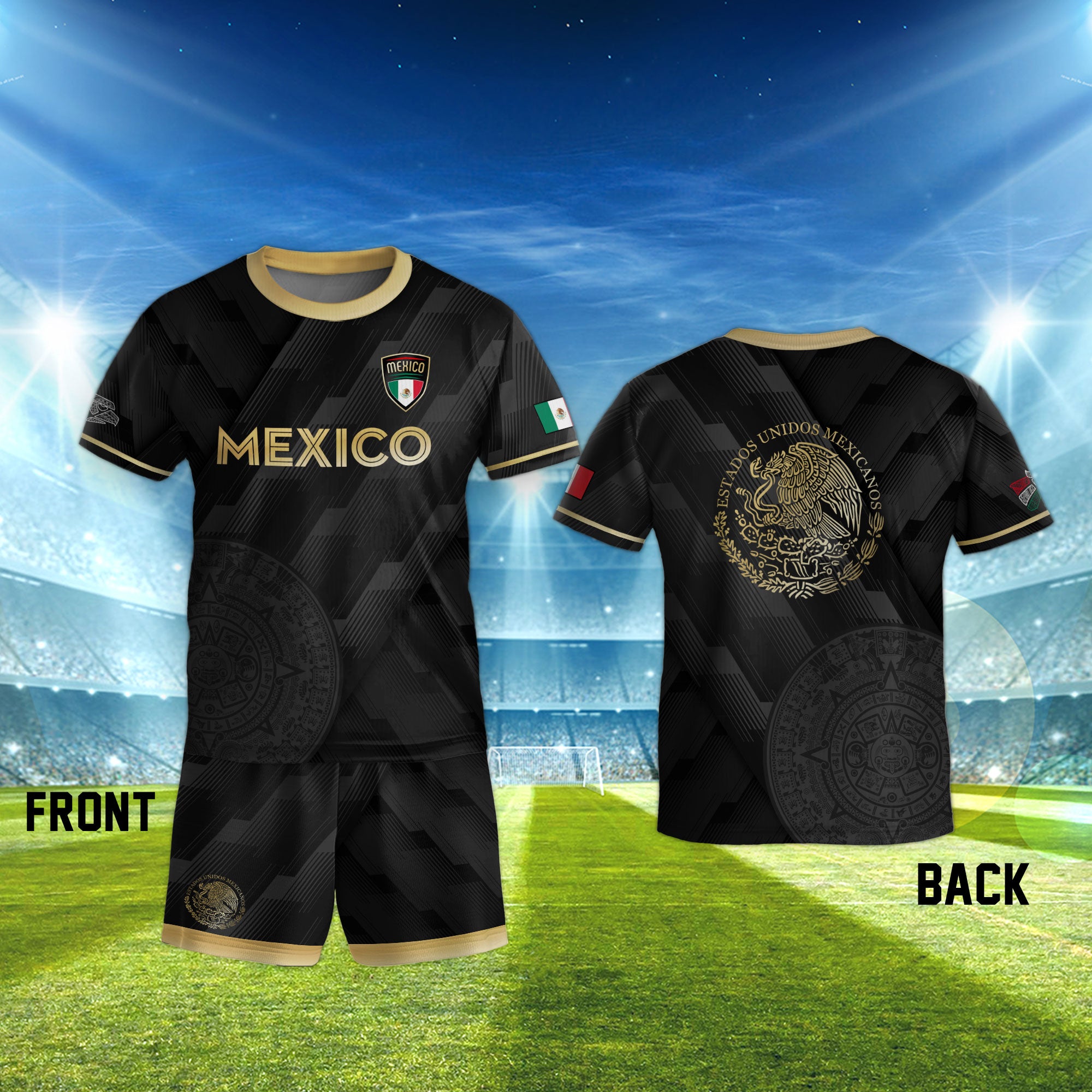 Mexico Kids Black Gold Aztec Calendar Crest Soccer Jersey