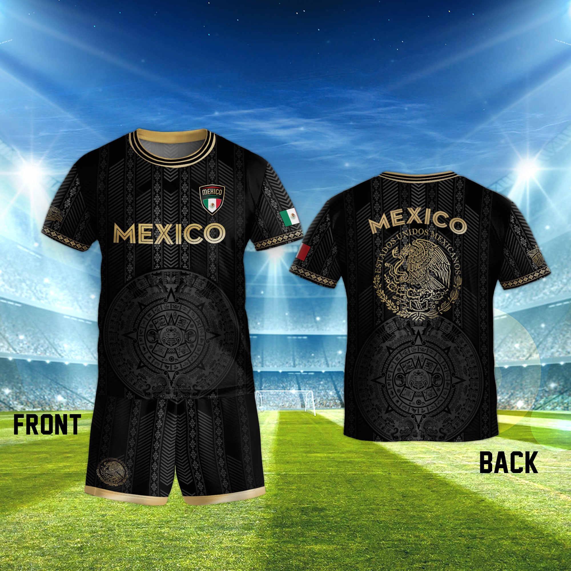 Mexico Kids Black Gold Aztec Calendar Design Soccer Jersey