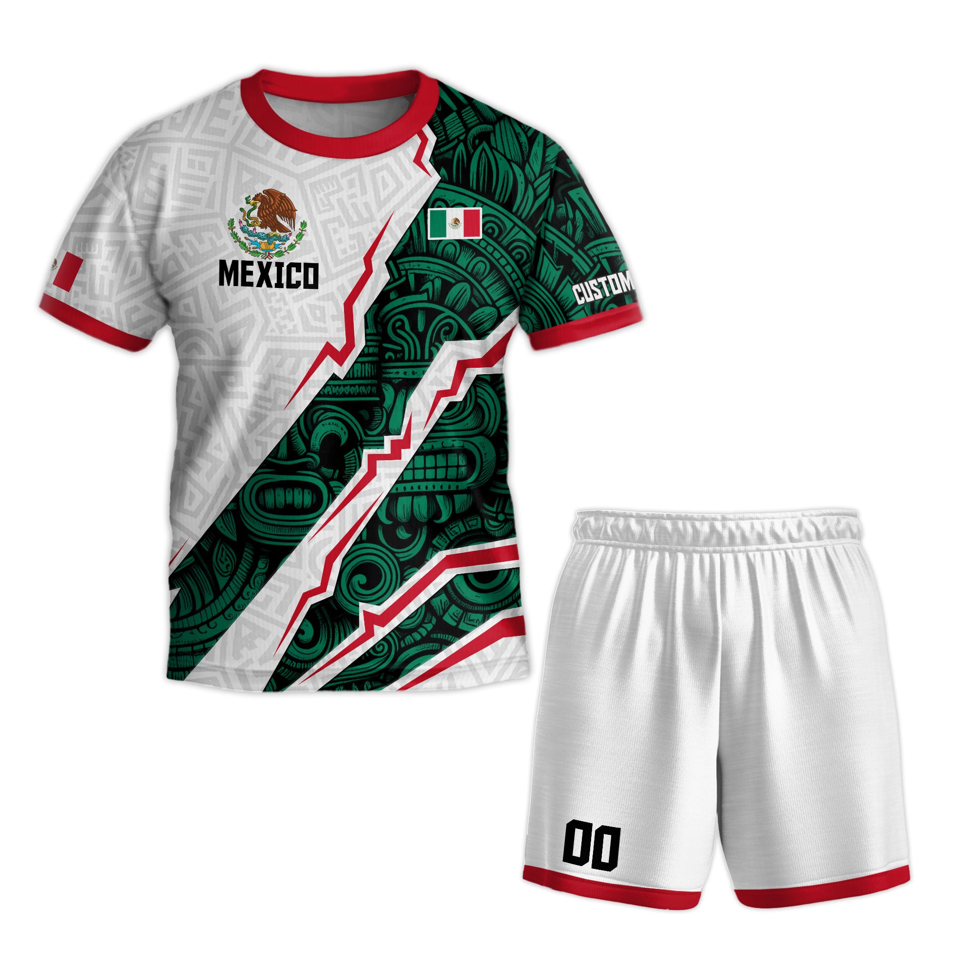Mexico Custom Soccer Jersey for Kids – White & Green Aztec Design