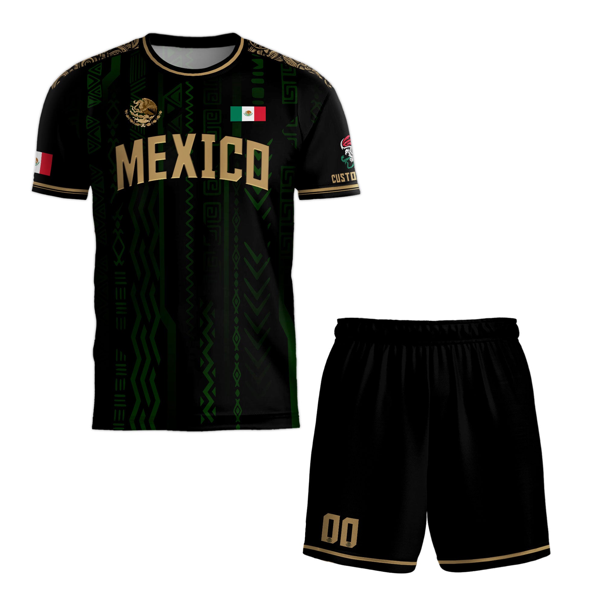 Custom Mexico Soccer Jersey Black Gold Aztec Pattern