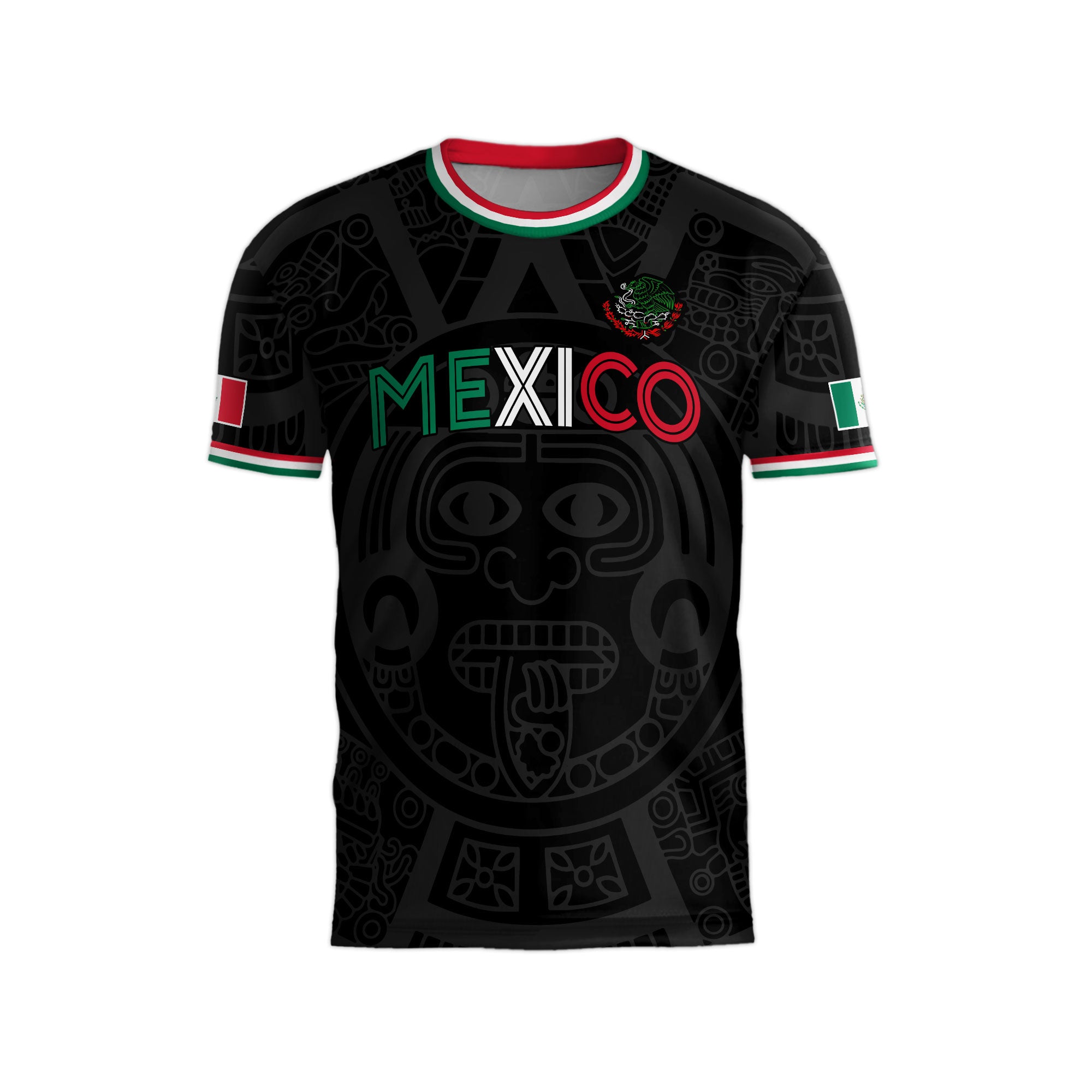Soccer Jersey Mexico Black Aztec Pattern with Tricolor Accents