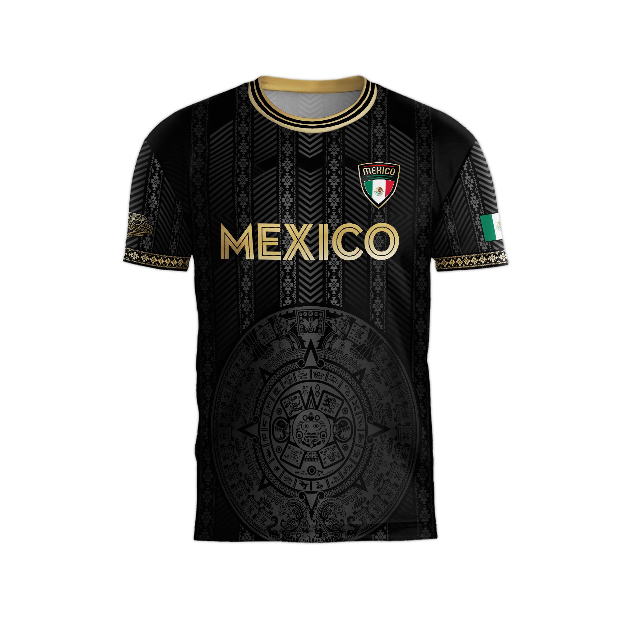 Mexico Soccer Jersey Black Gold Aztec Calendar Design