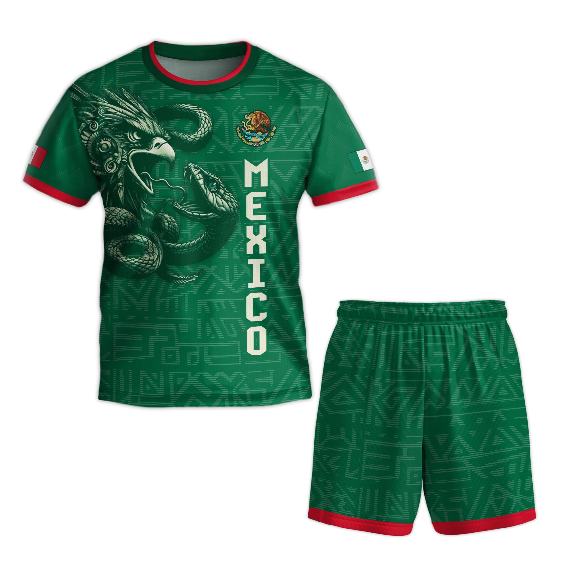 Mexico Kids Soccer Jersey Set Green Aztec Eagle Serpent Design