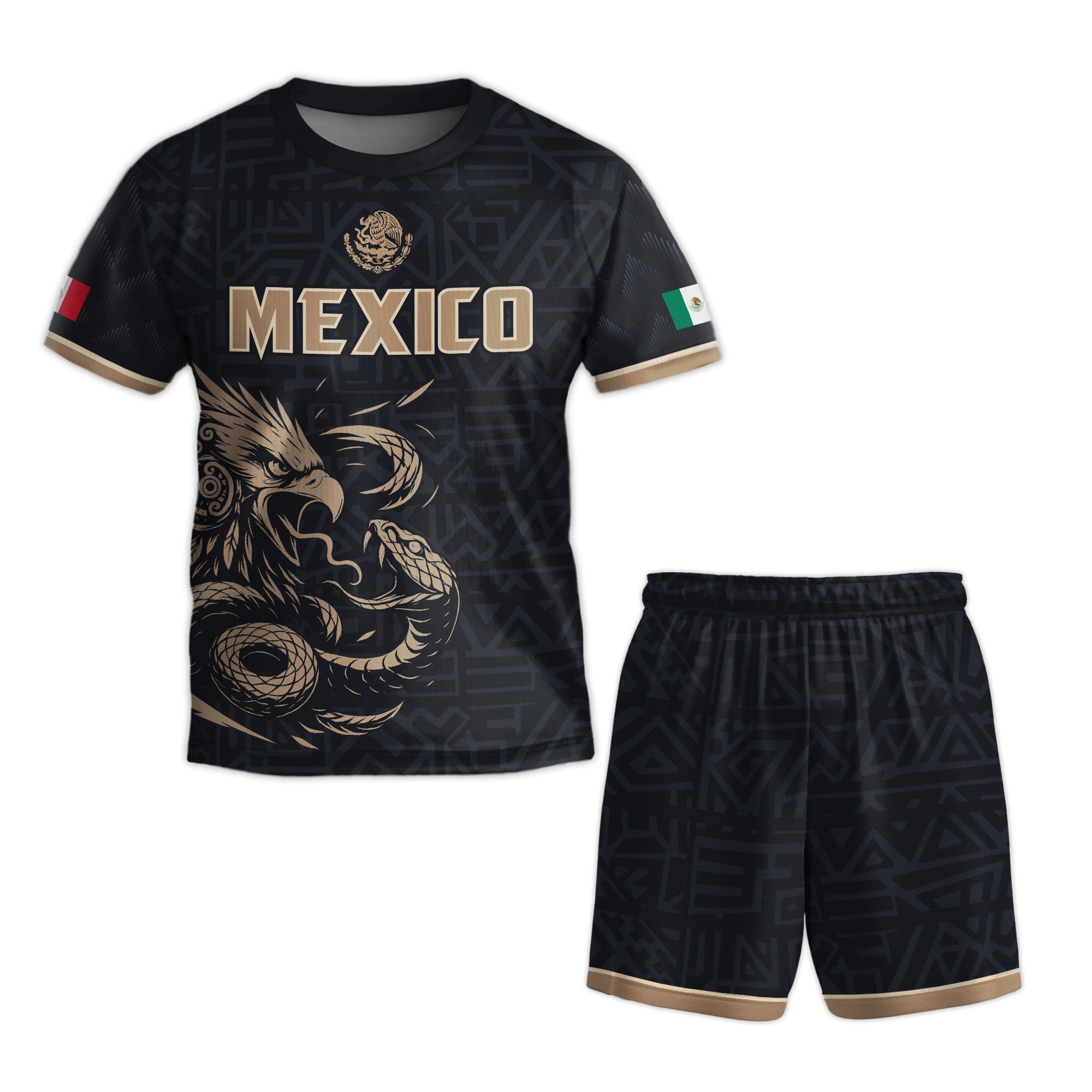 Mexico Kids Soccer Jersey Black Gold Aztec Eagle Serpent Design