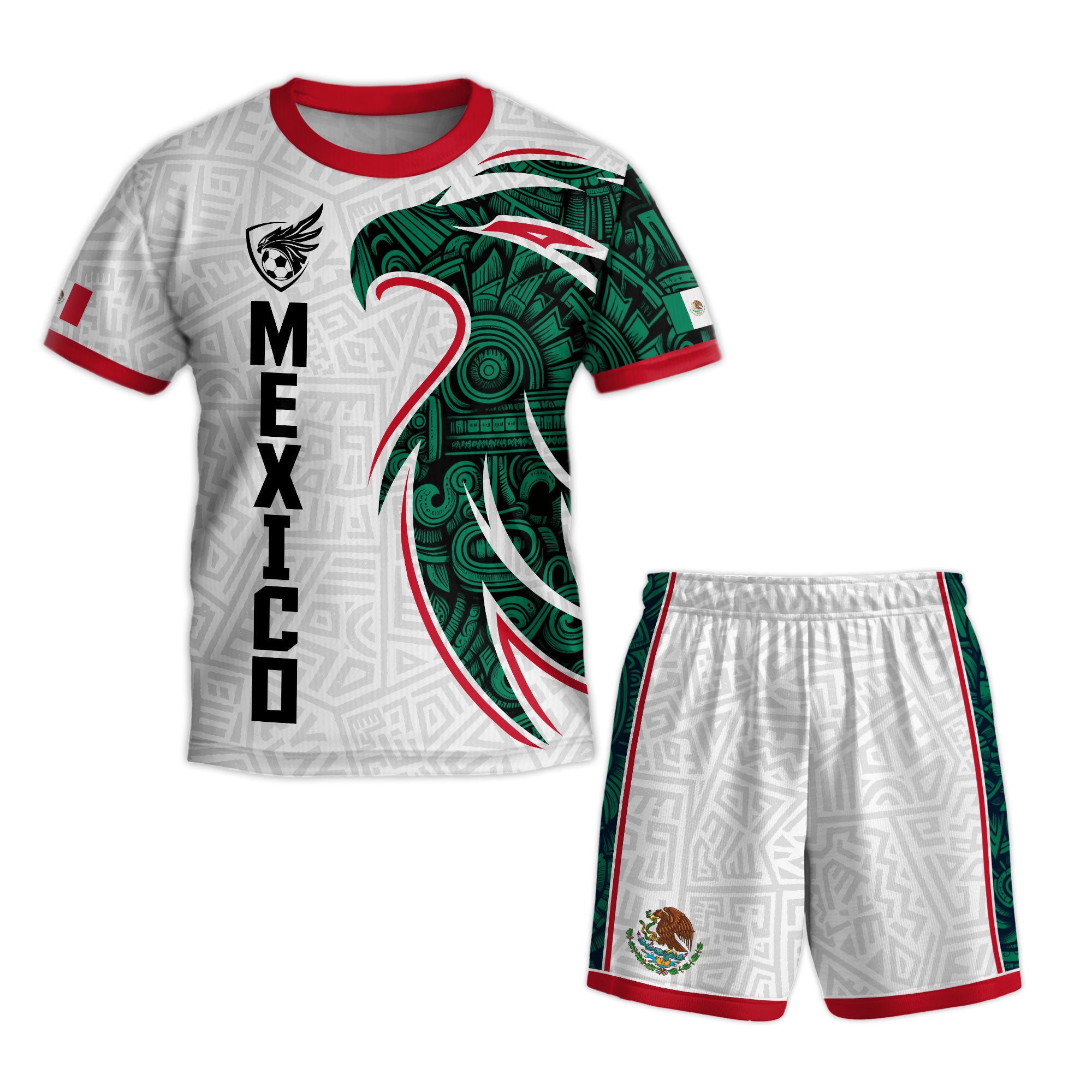 Mexico Kids Soccer Jersey White Green Aztec Eagle Design