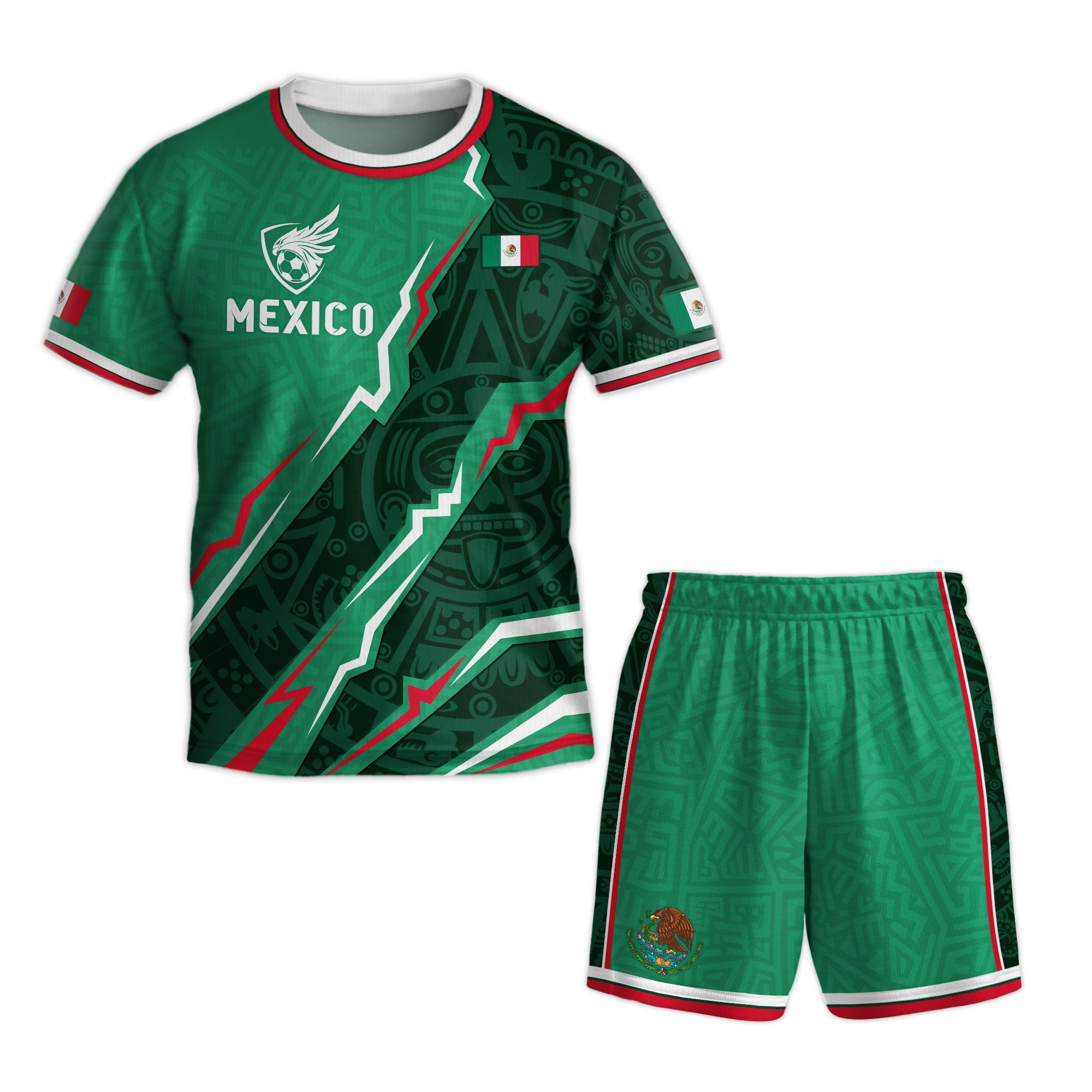 Mexico Kids Green Aztec Pattern Crest Design Soccer Jersey