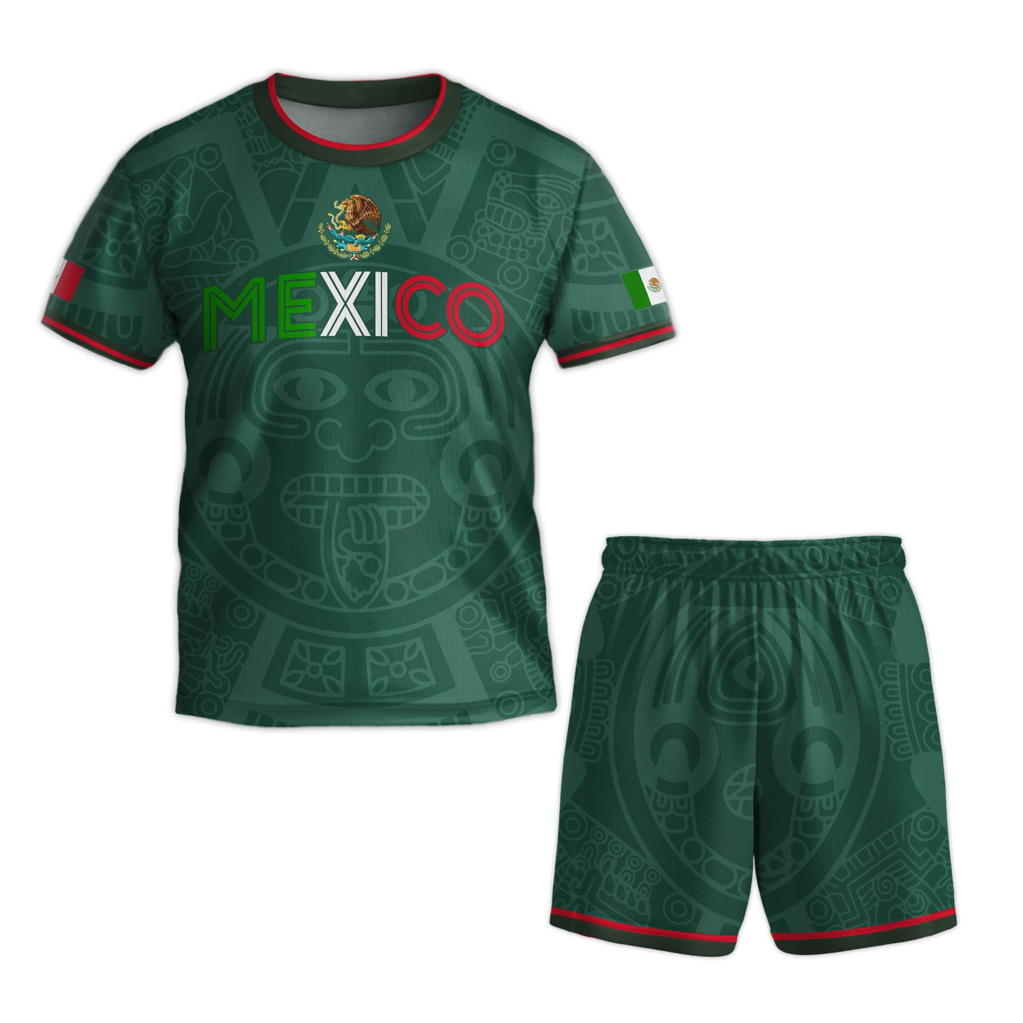 Mexico Kids Green Flag Colors Aztec Pattern Design Soccer Jersey
