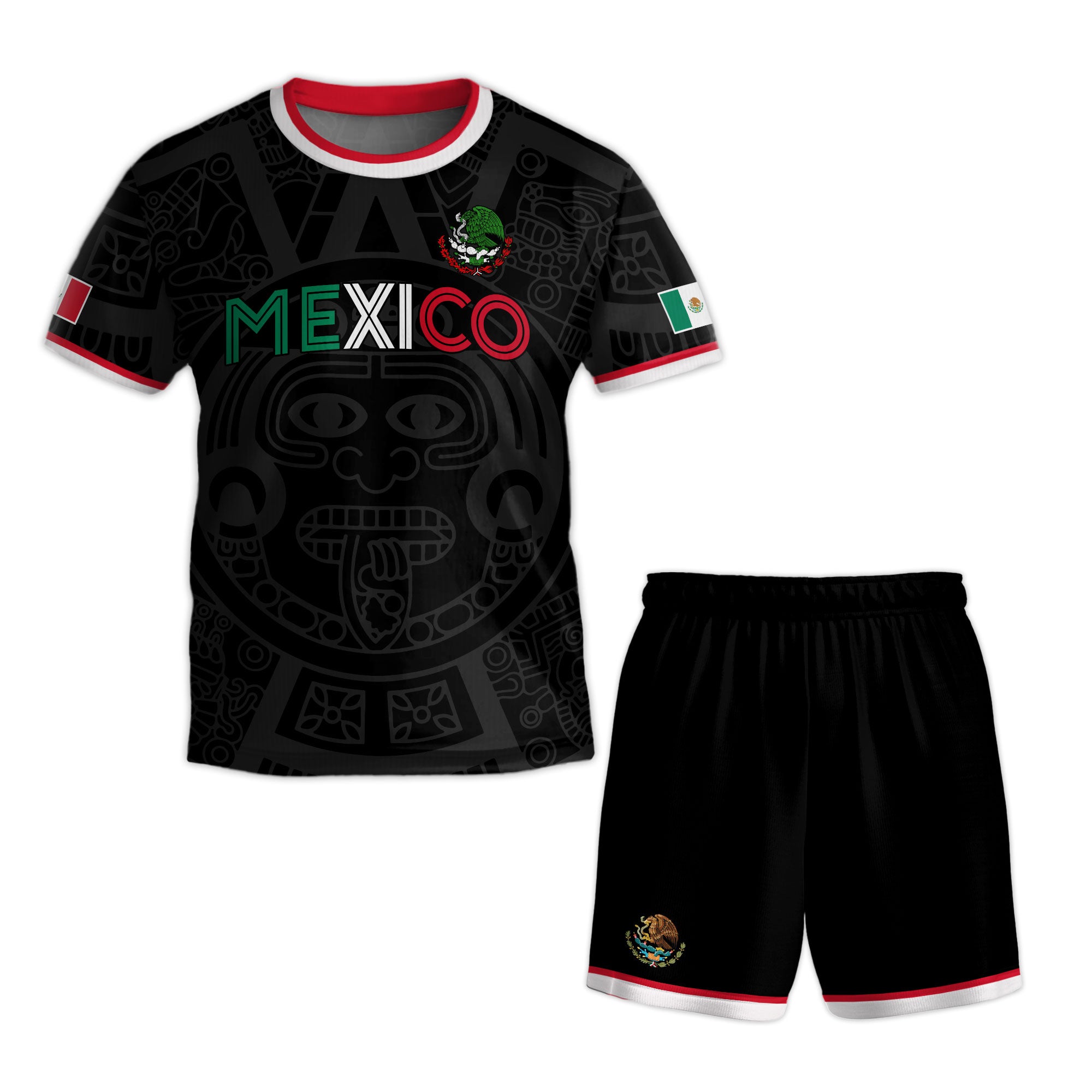 Mexico Kids Soccer Jersey Black Aztec Flag Colors Design
