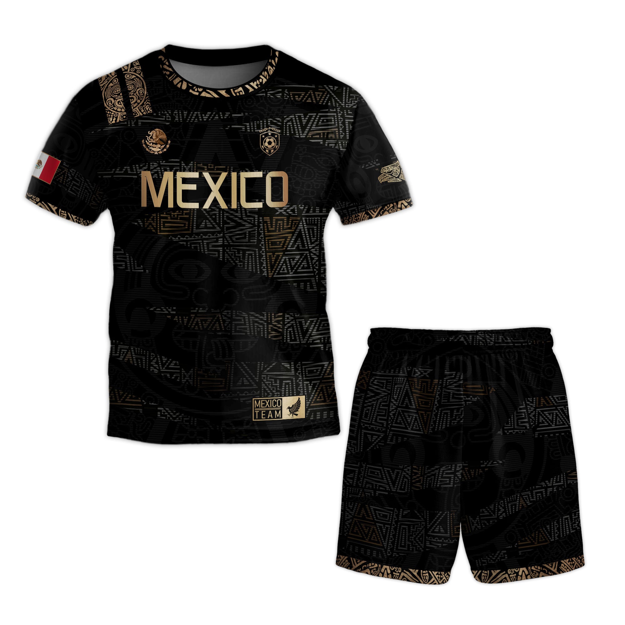 Mexico Kids Soccer Jersey Black Gold Aztec Pattern Crest Design