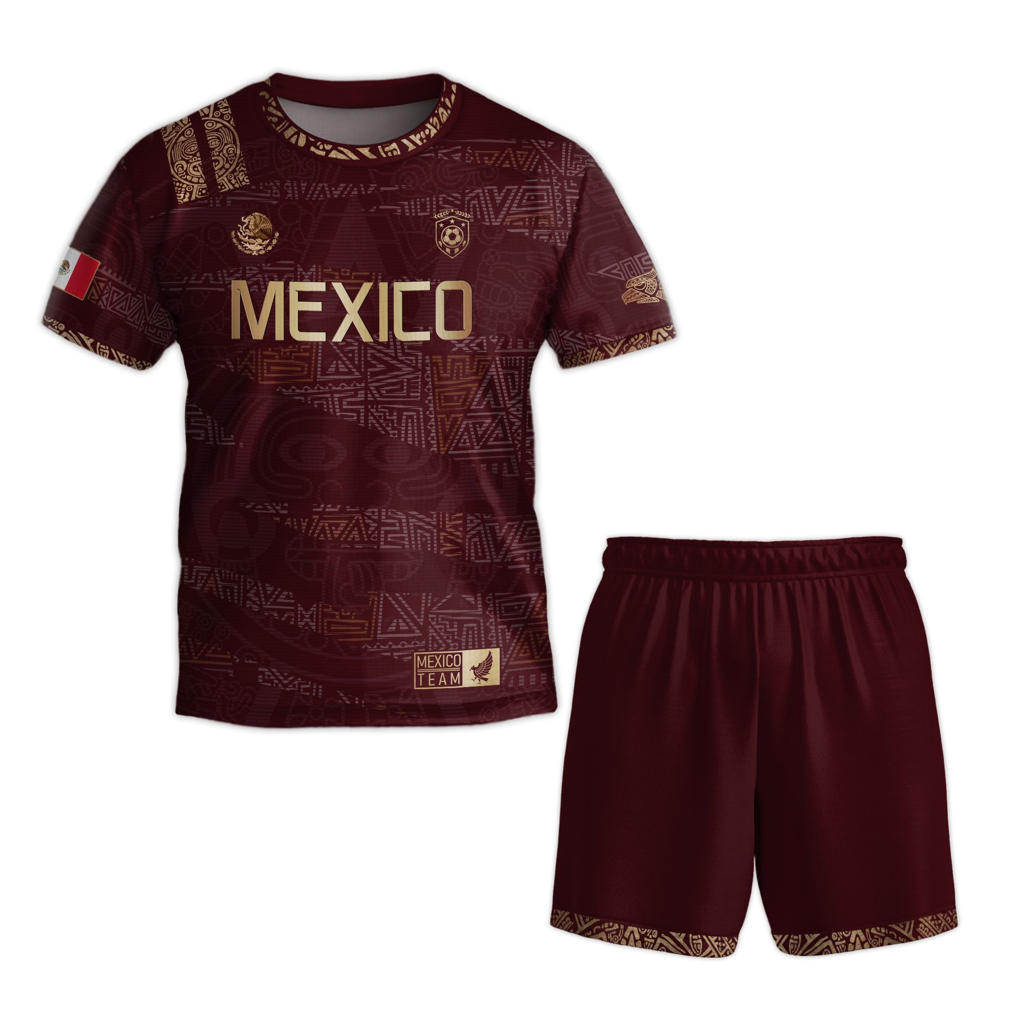 Mexico Kids Soccer Jersey Burgundy Gold Aztec Pattern Crest Design