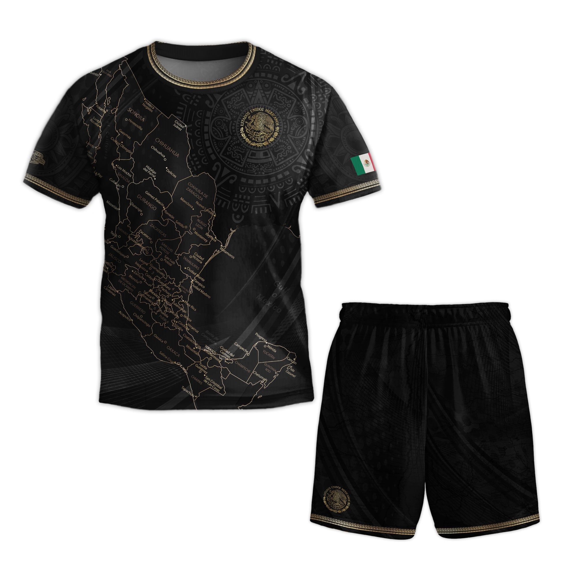 Mexico Kids Black Gold Map Aztec Pattern Soccer Jersey