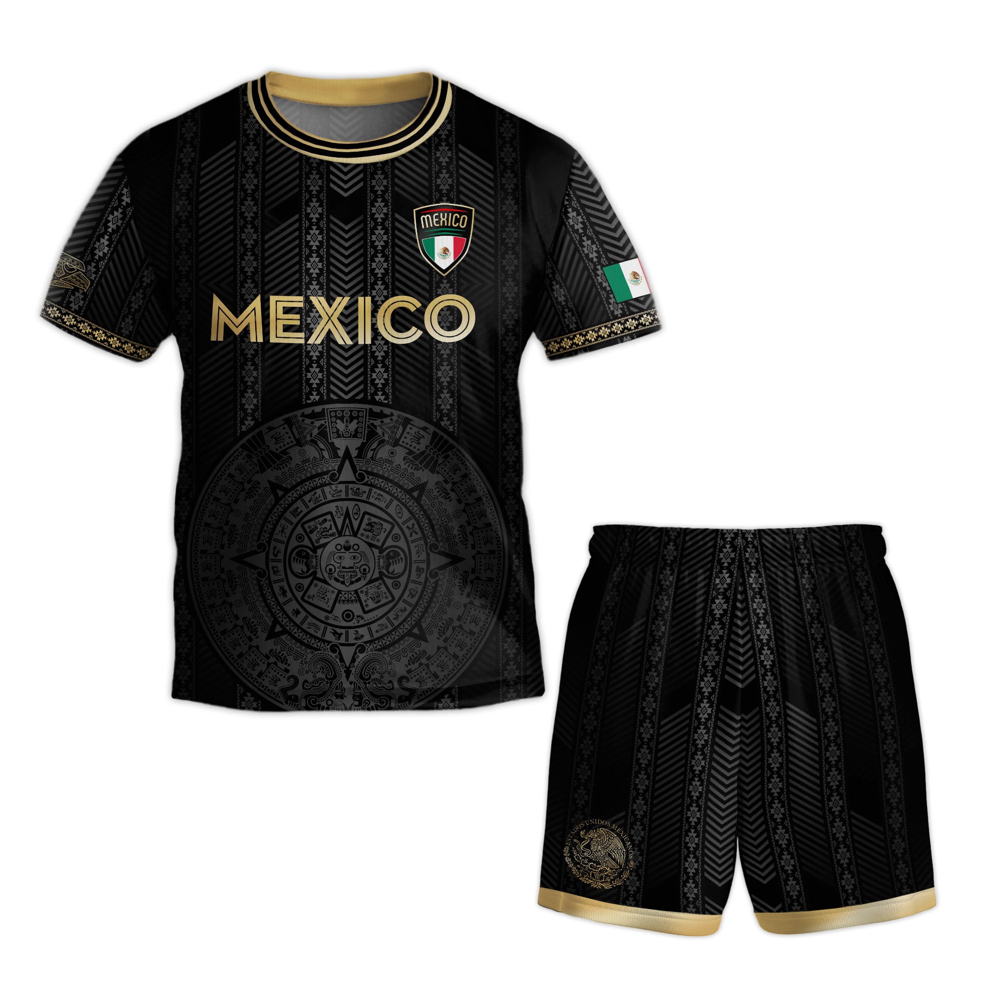 Mexico Kids Black Gold Aztec Calendar Design Soccer Jersey