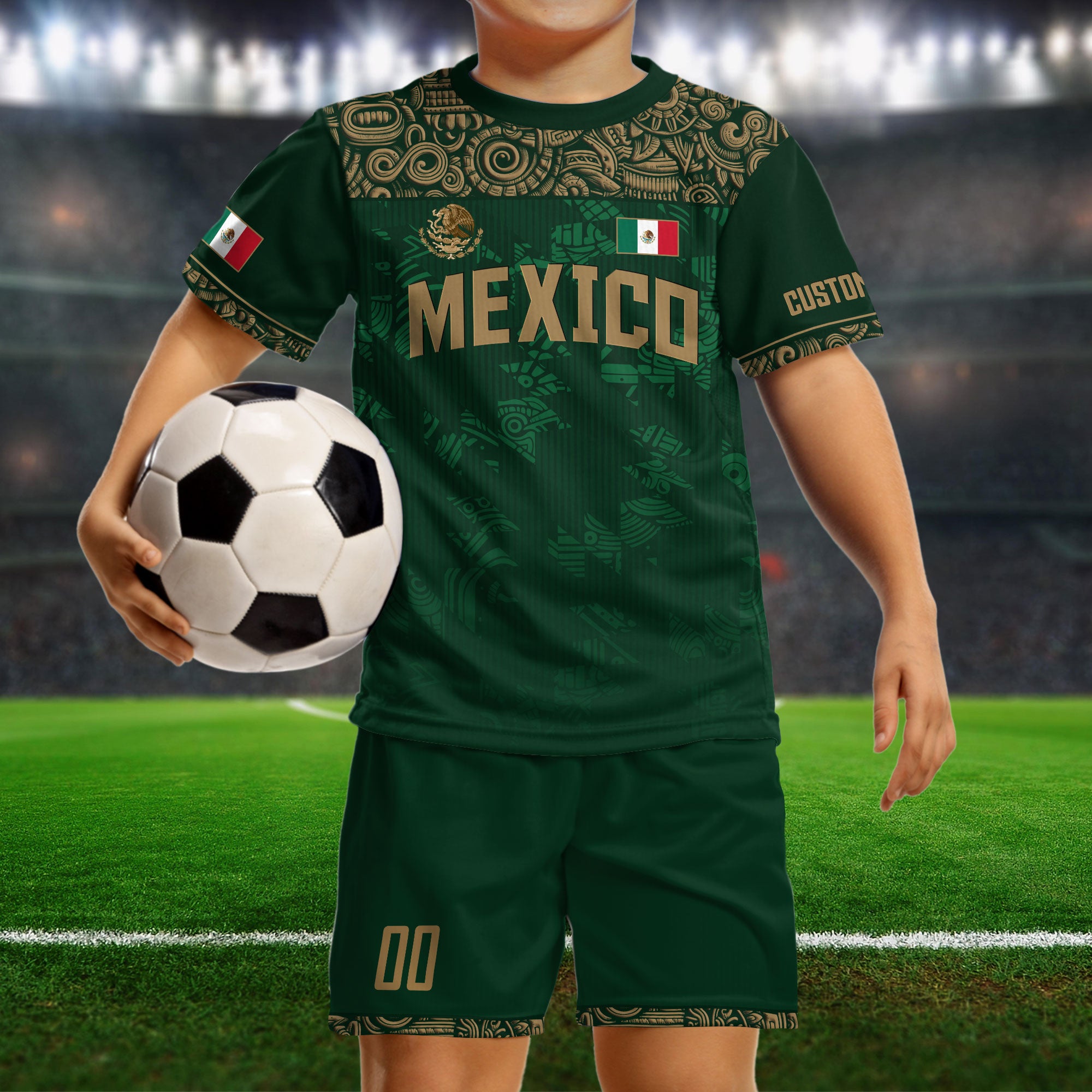 Custom Mexico Kids Soccer Jersey – Green Aztec Eagle Edition