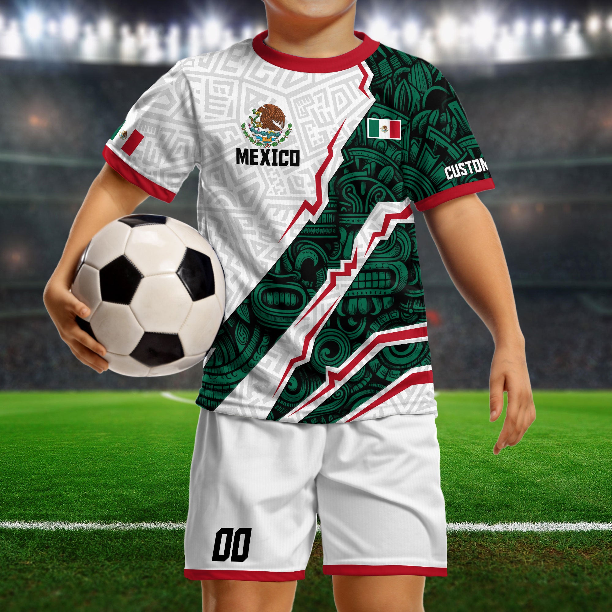 Mexico Custom Soccer Jersey for Kids – White & Green Aztec Design