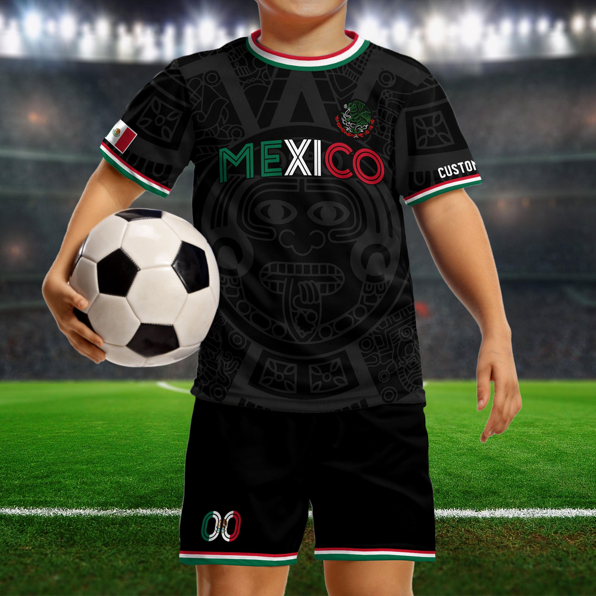 Custom Mexico Kids Soccer Jersey Black Heritage Pattern