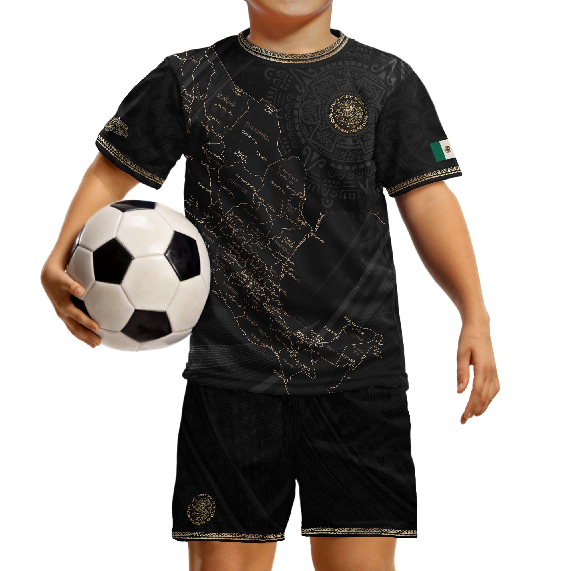 Mexico Kids Black Gold Map Aztec Pattern Soccer Jersey