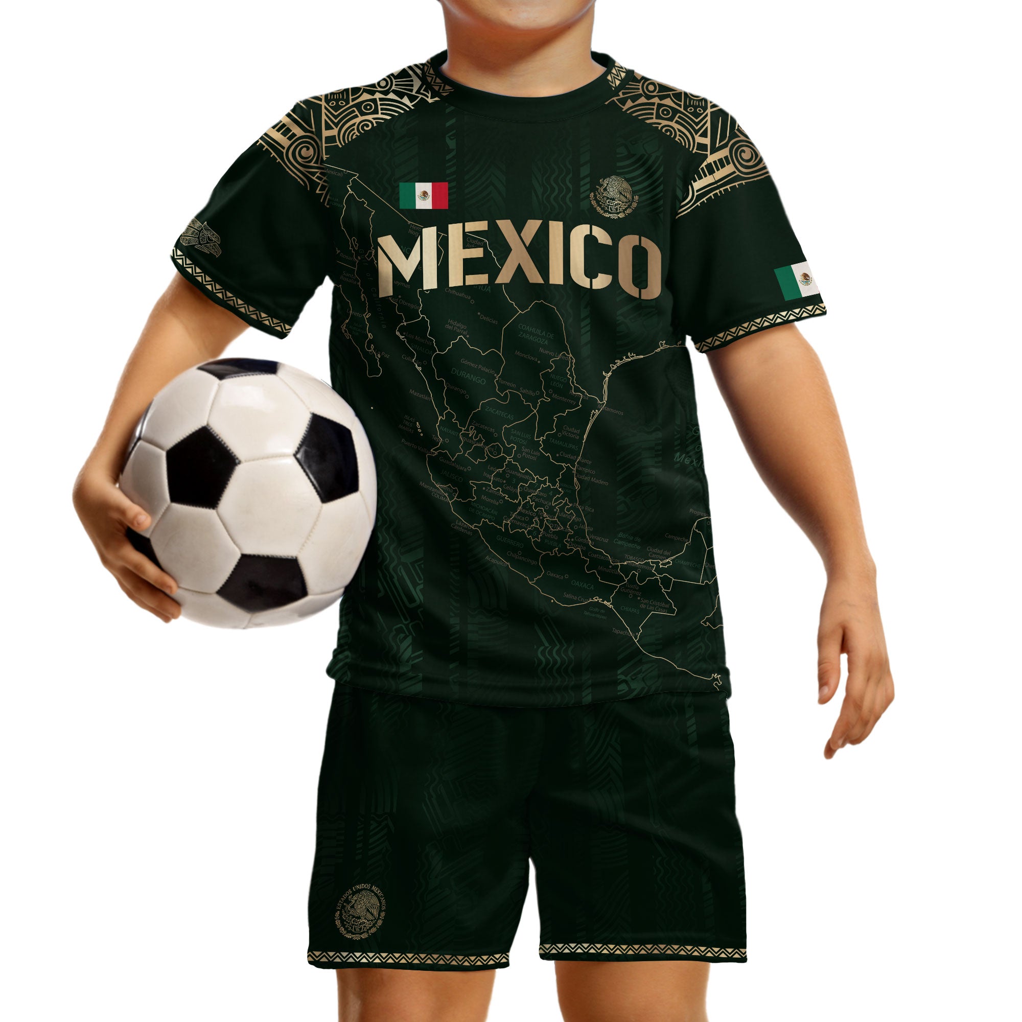 Soccer Jersey for Kids Mexico Green Gold Map Aztec Design