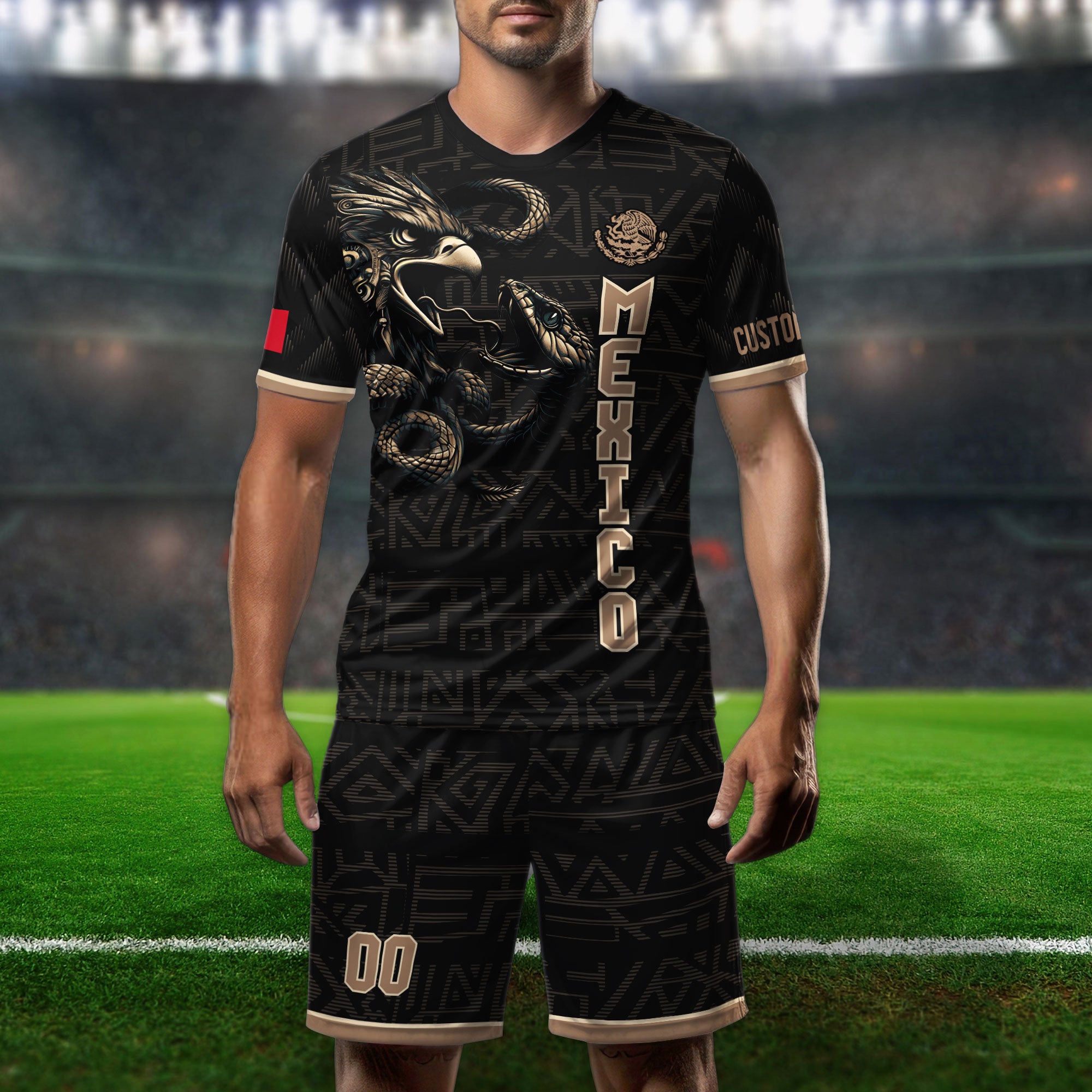 Custom Mexico Kids Soccer Jersey Set Black Gold Heritage Eagle Snake