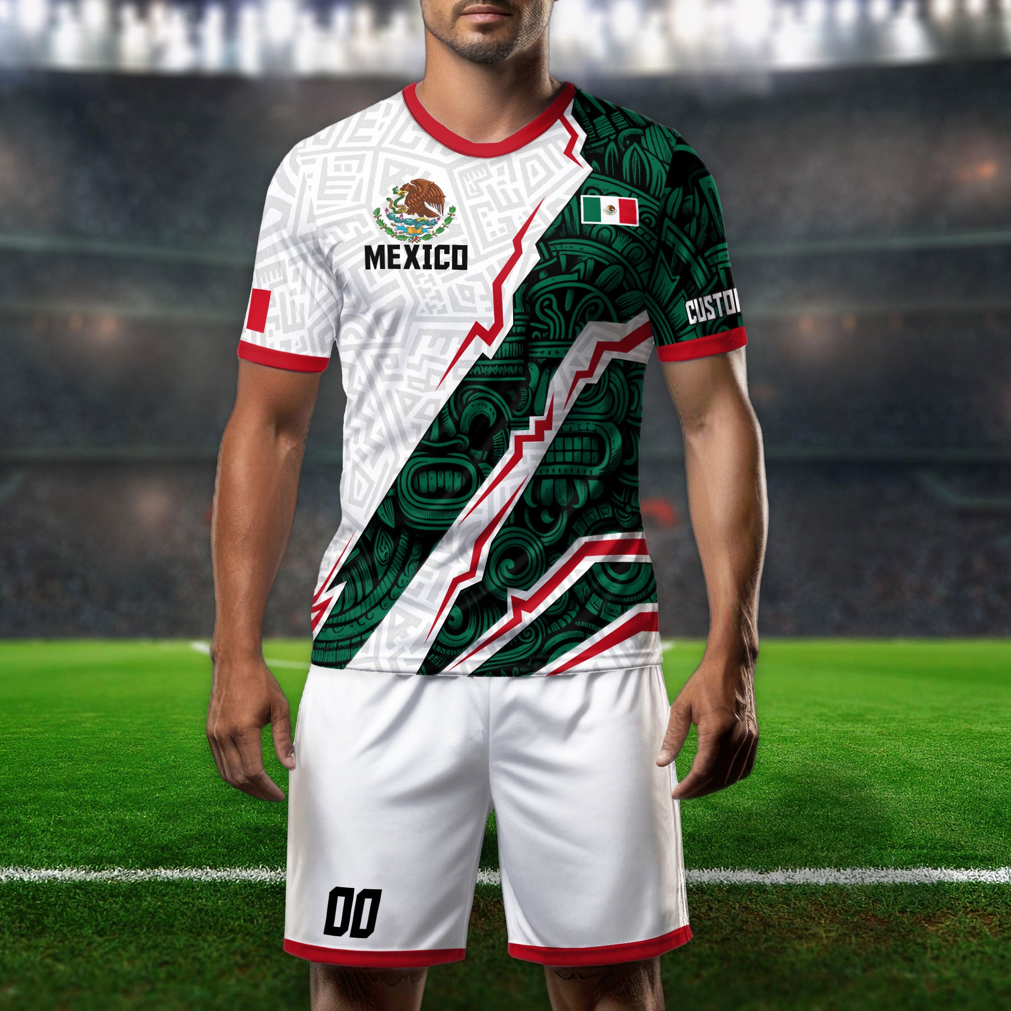 Mexico Custom Soccer Jersey for Kids – White & Green Aztec Design
