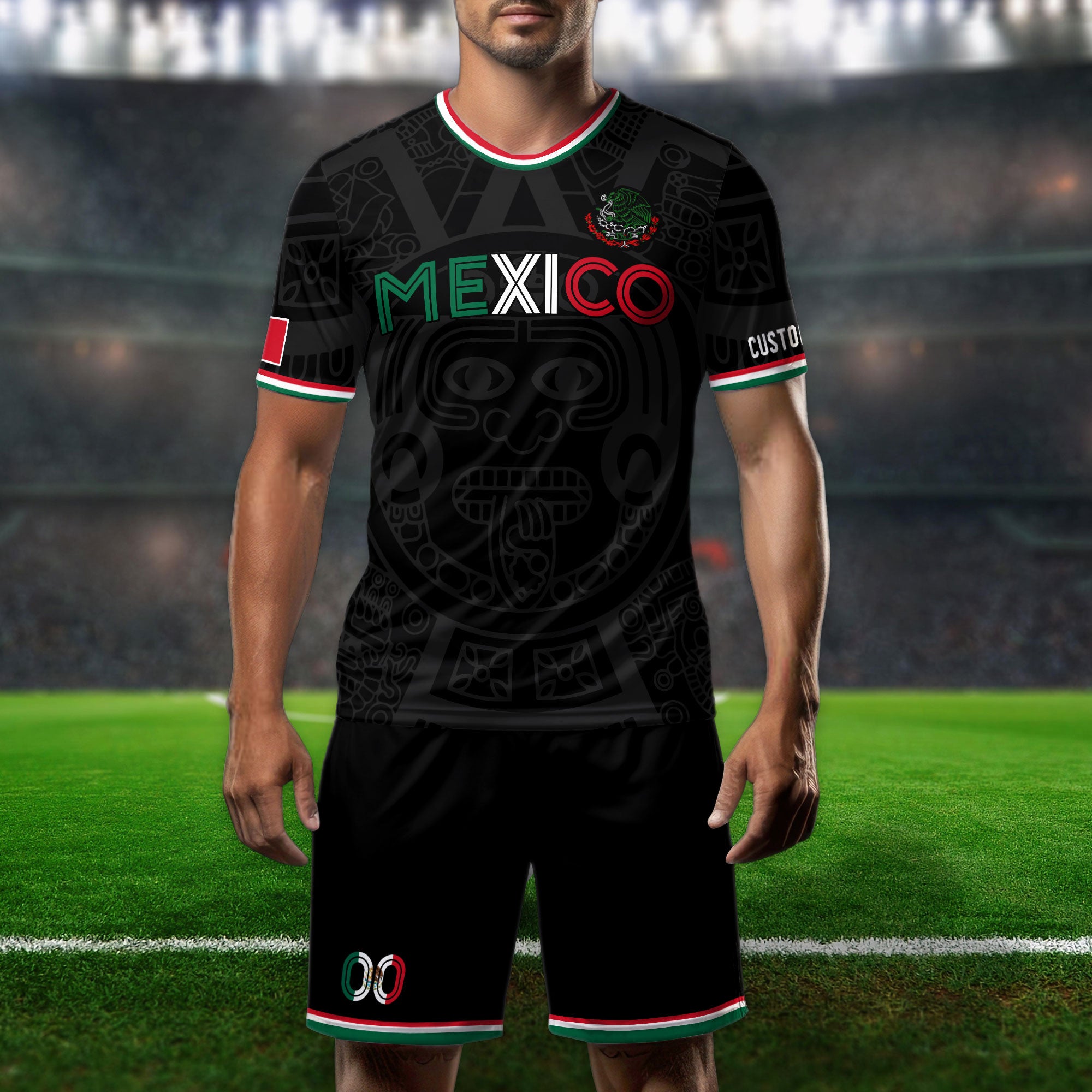 Custom Mexico Kids Soccer Jersey Black Heritage Pattern
