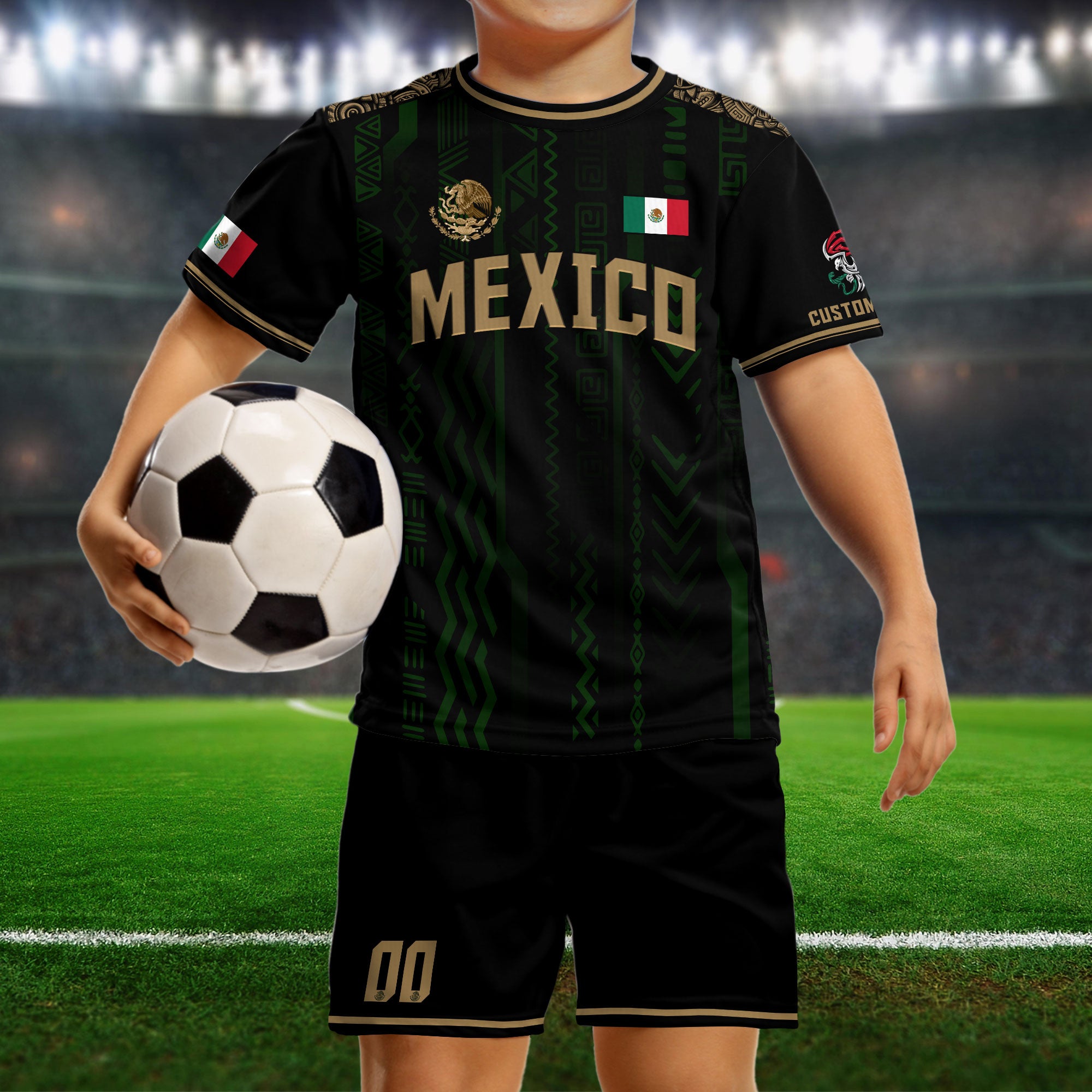 Custom Mexico Soccer Jersey Black Gold Aztec Pattern