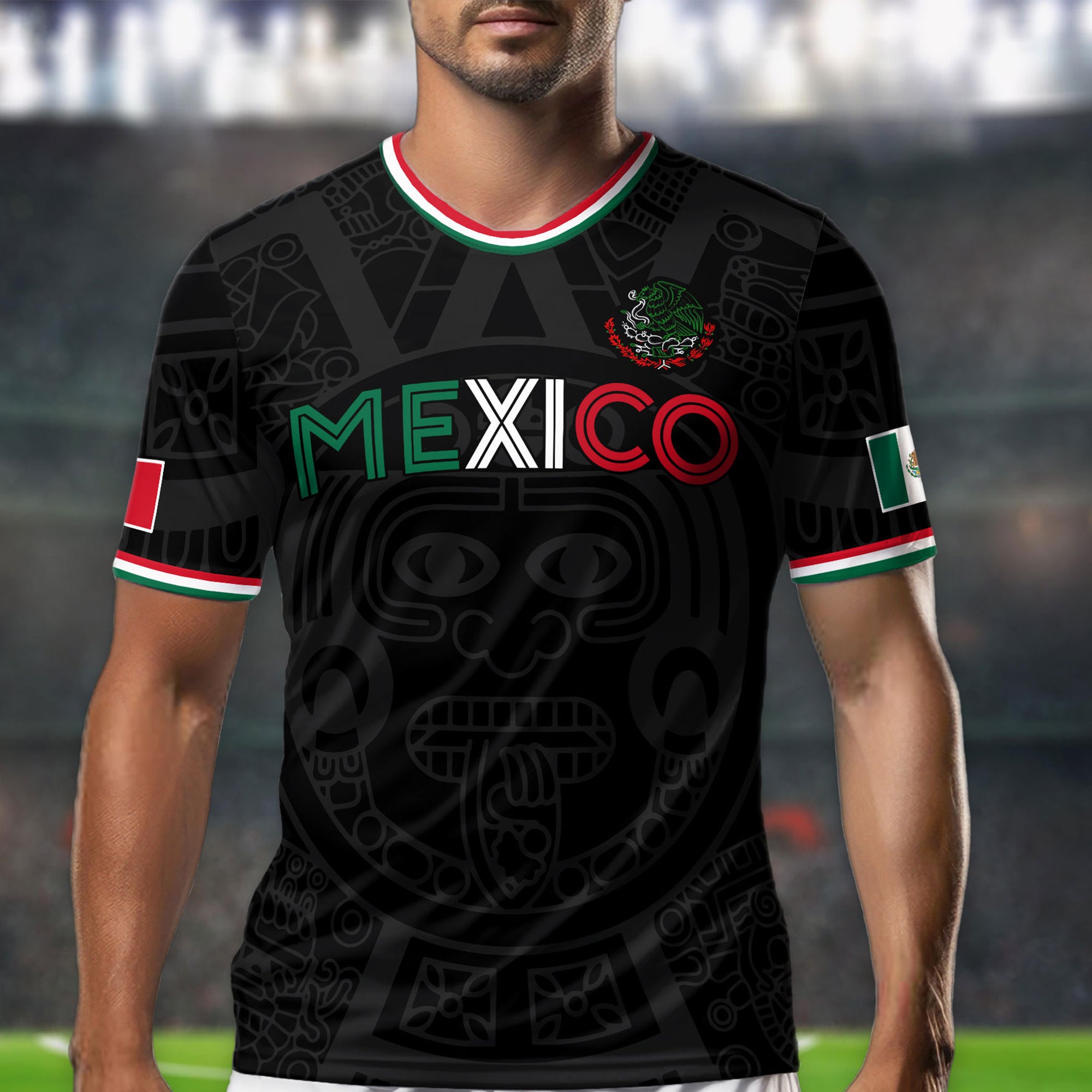Soccer Jersey Mexico Black Aztec Pattern with Tricolor Accents