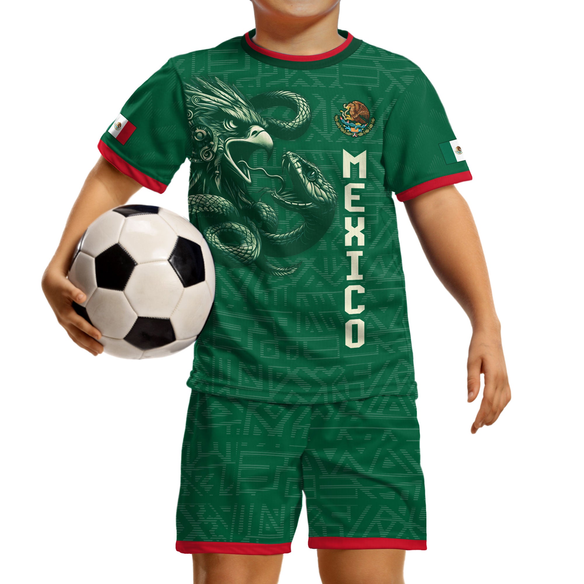 Mexico Kids Soccer Jersey Set Green Aztec Eagle Serpent Design