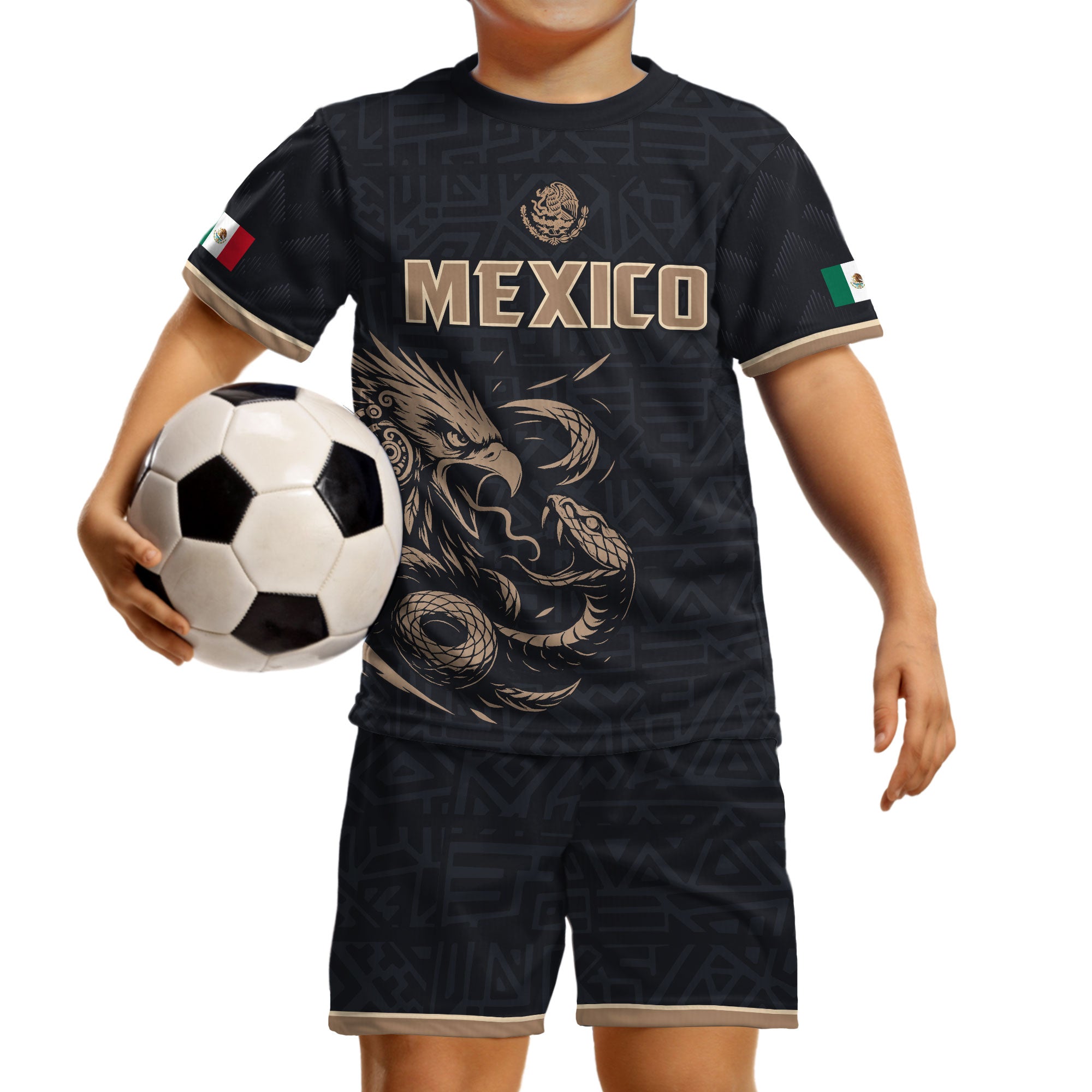 Mexico Kids Soccer Jersey Black Gold Aztec Eagle Serpent Design
