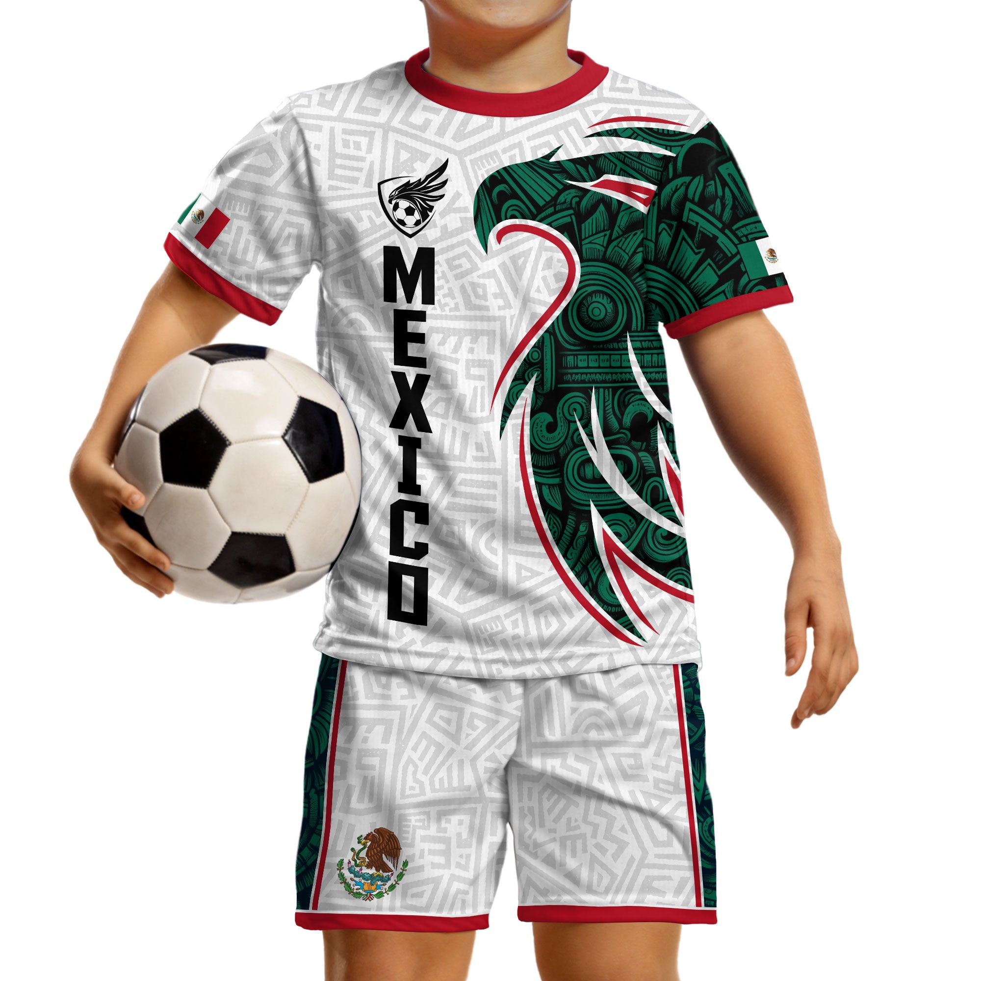 Mexico Kids Soccer Jersey White Green Aztec Eagle Design