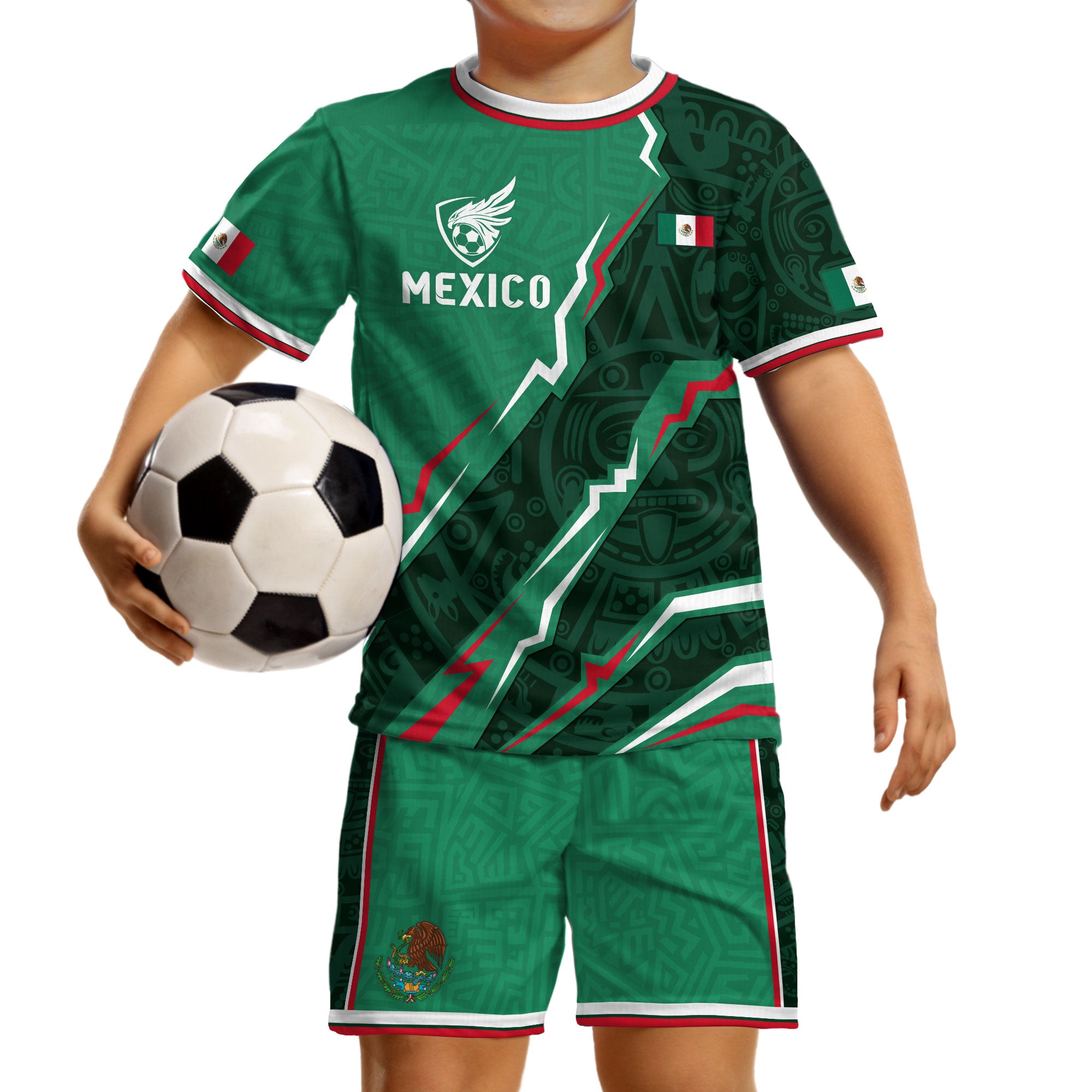 Mexico Kids Green Aztec Pattern Crest Design Soccer Jersey