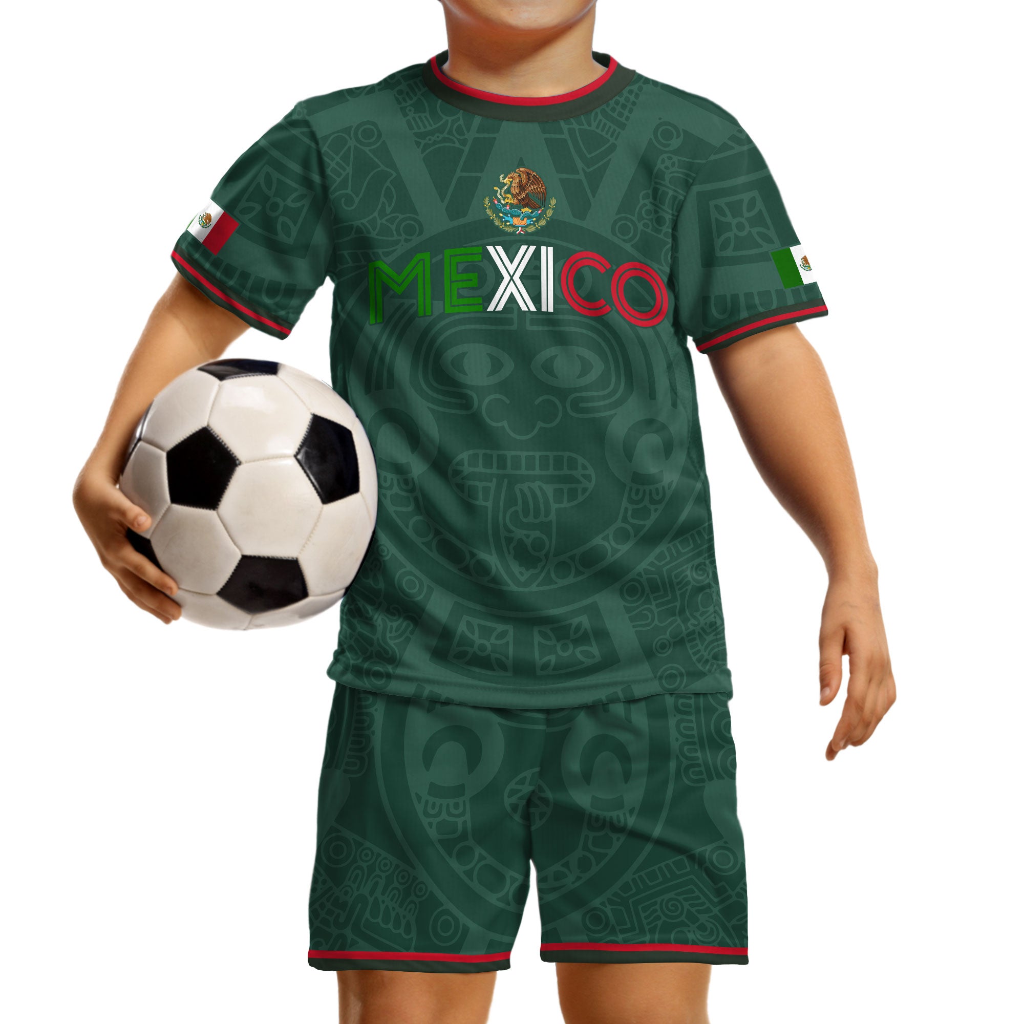 Mexico Kids Green Flag Colors Aztec Pattern Design Soccer Jersey