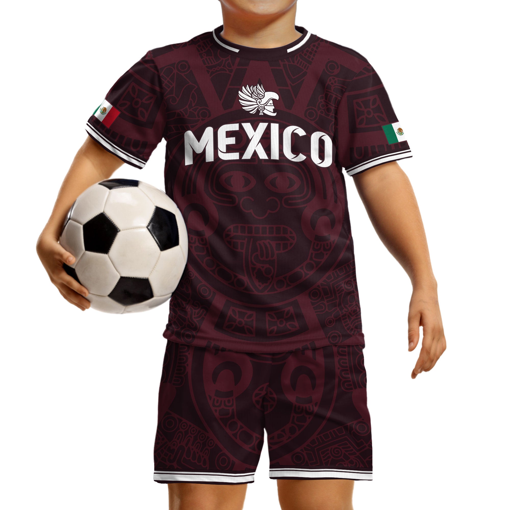 Mexico Kids Burgundy Aztec Pattern Crest Design Soccer Jersey