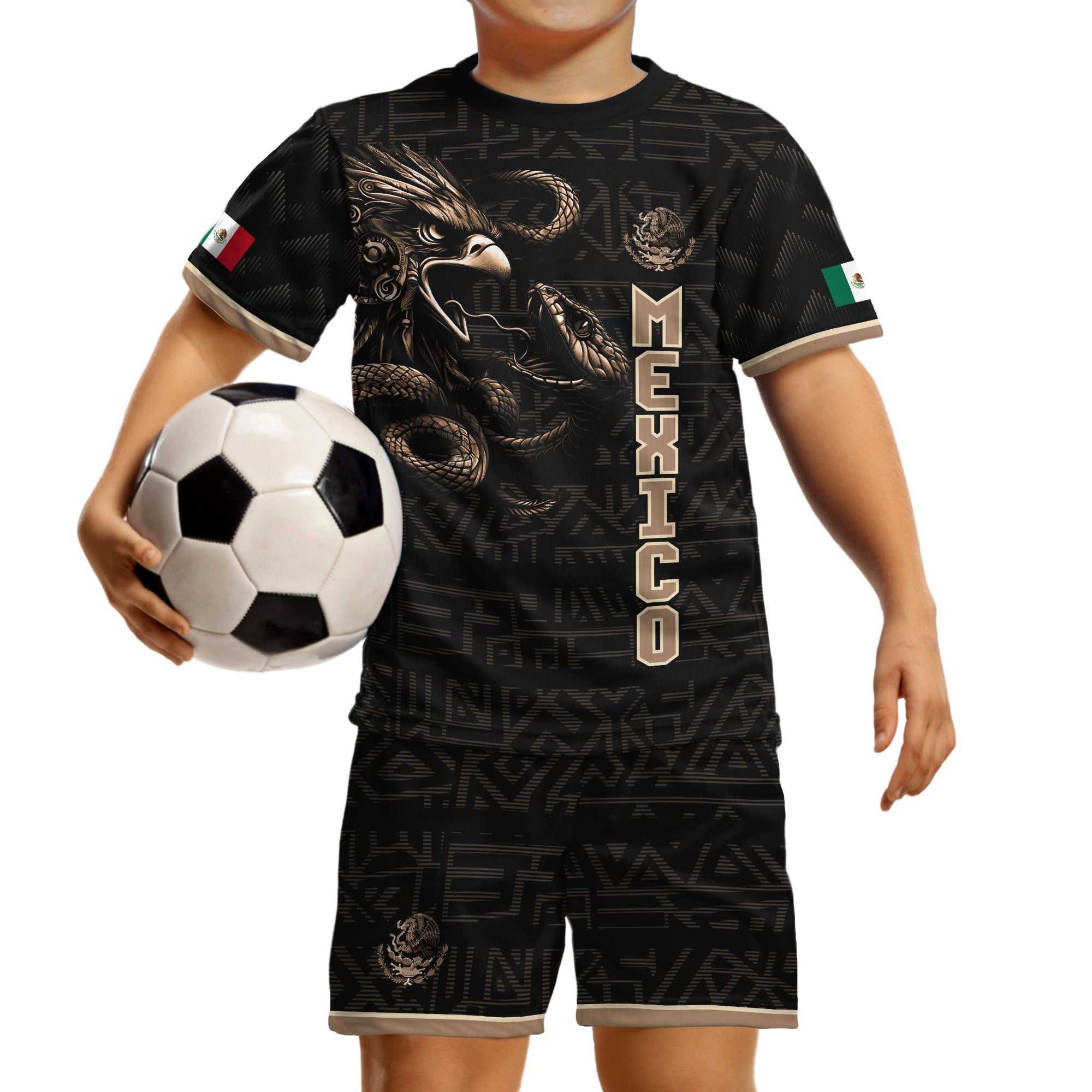 Mexico Kids Black Gold Aztec Eagle Serpent Design Soccer Jersey