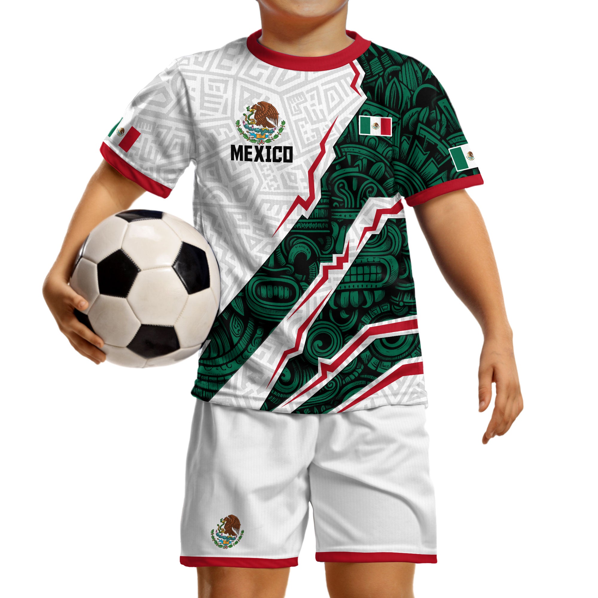 Mexico Kids White Green Aztec Pattern Flag Design Soccer Jersey