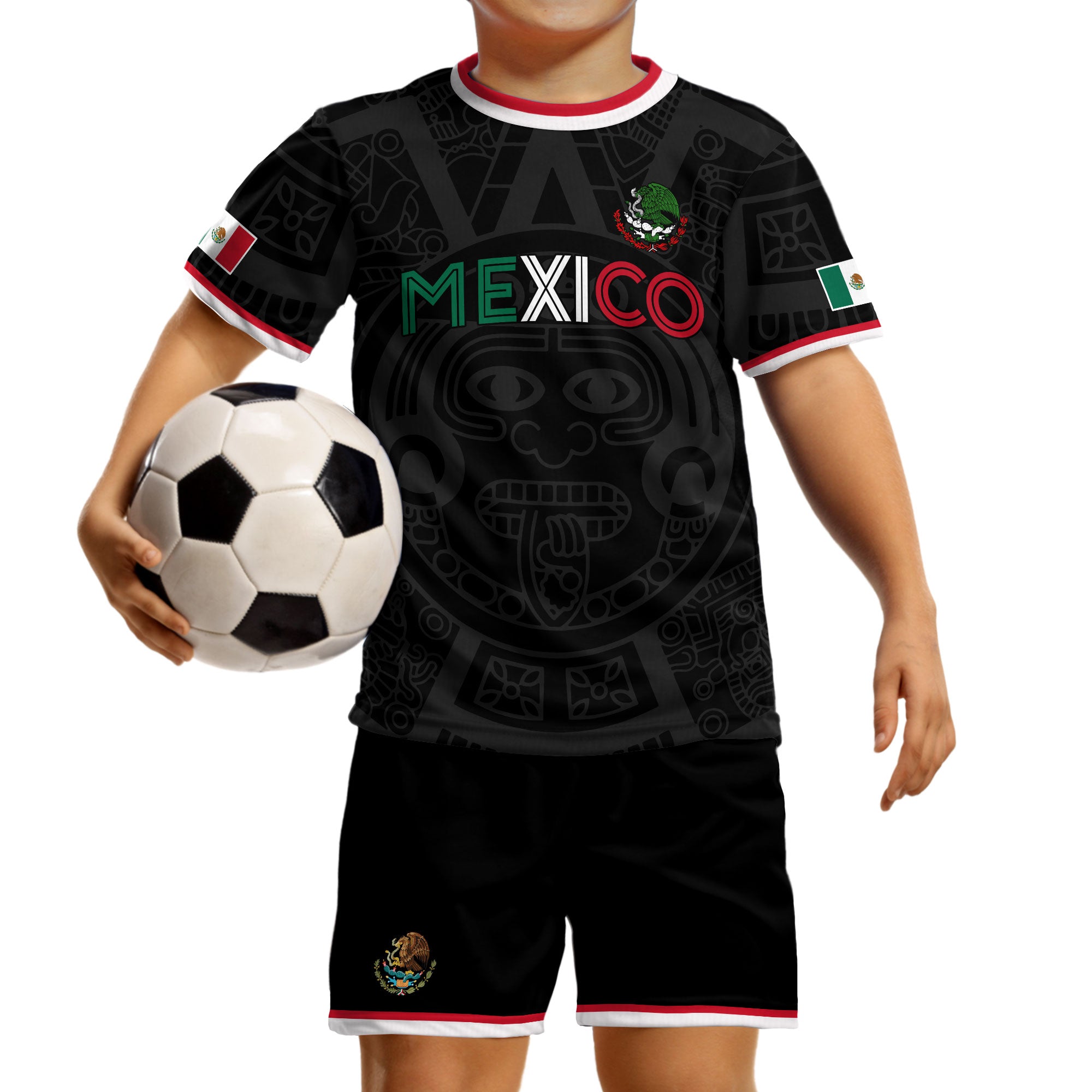 Mexico Kids Soccer Jersey Black Aztec Flag Colors Design