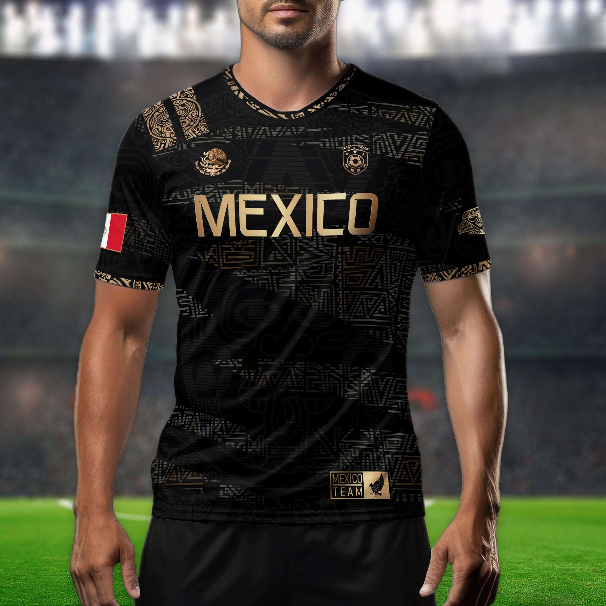 Mexico Black Gold Aztec Pattern Soccer Jersey