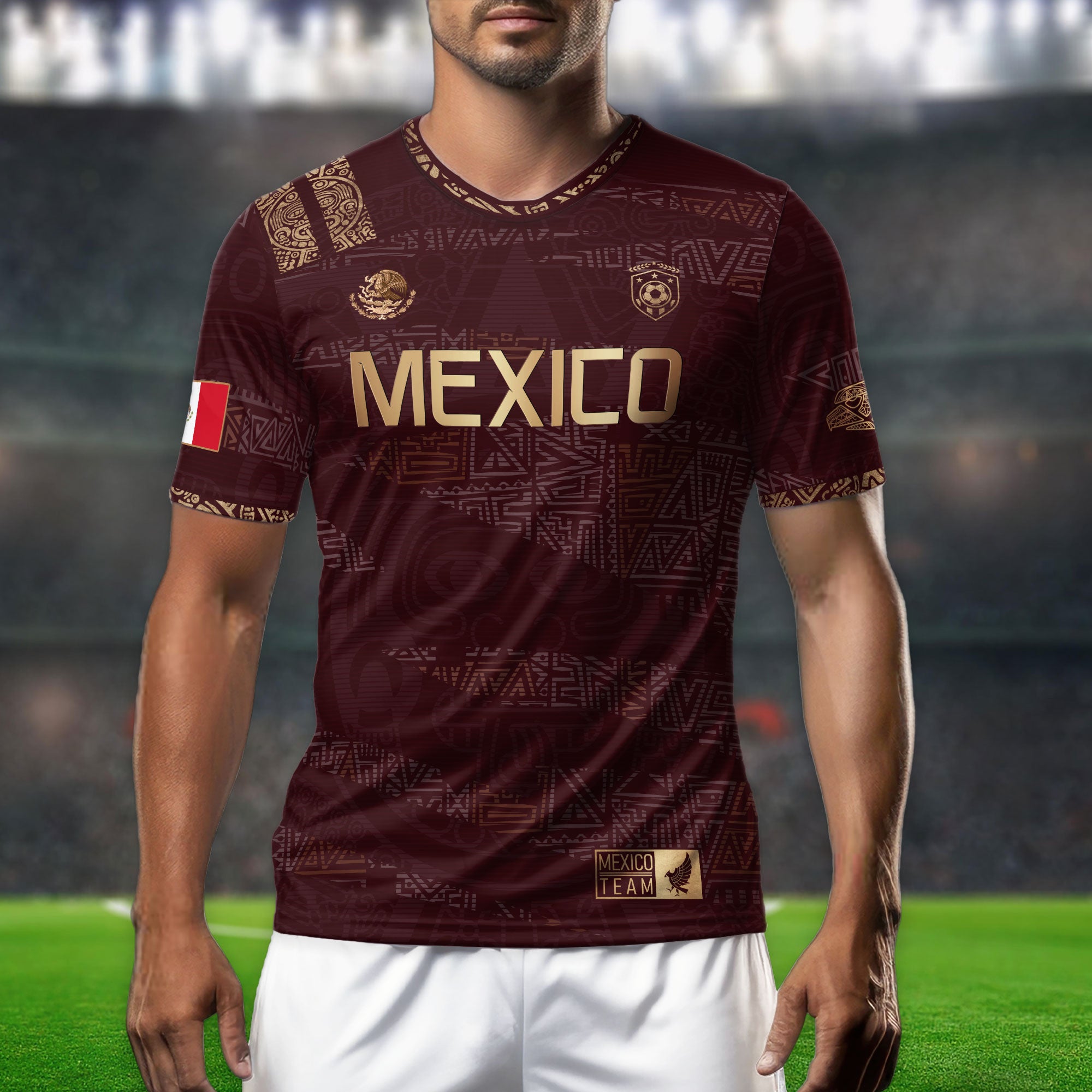Aztec Heritage Mexico Soccer Jersey in Burgundy Gold with Eagle Crest