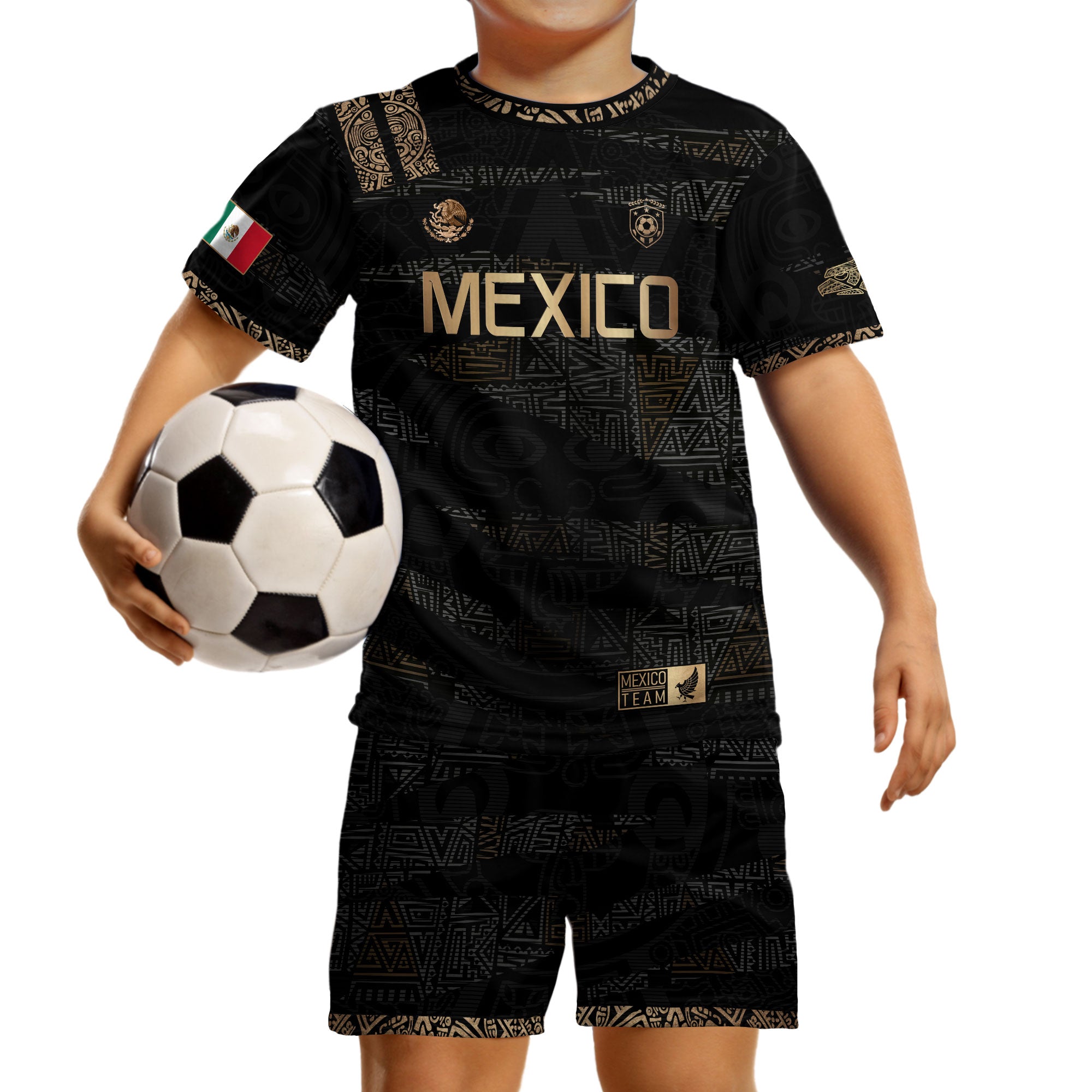 Mexico Kids Soccer Jersey Black Gold Aztec Pattern Crest Design
