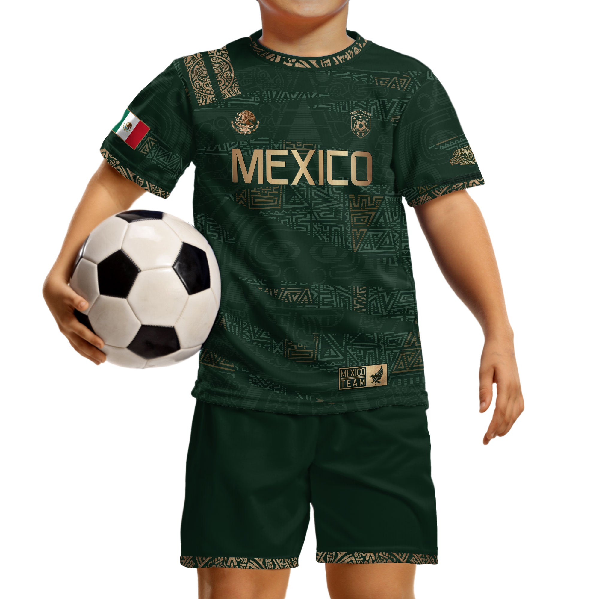 Mexico Kids Soccer Jersey Green Gold Aztec Pattern Crest Design Soccer Jersey