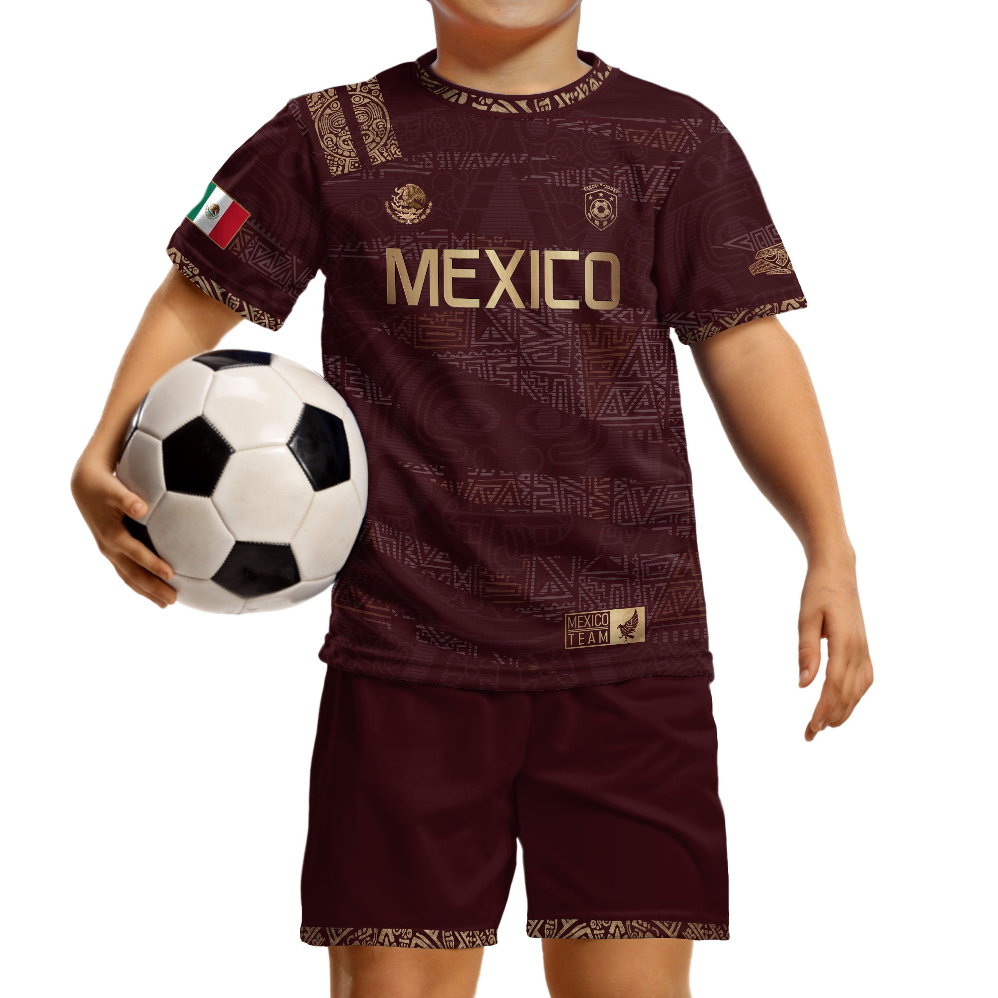 Mexico Kids Soccer Jersey Burgundy Gold Aztec Pattern Crest Design