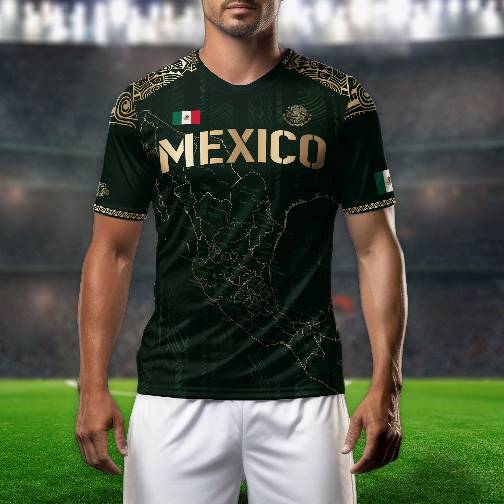 Mexico Heritage Map Green Soccer Jersey with Golden Aztec Details