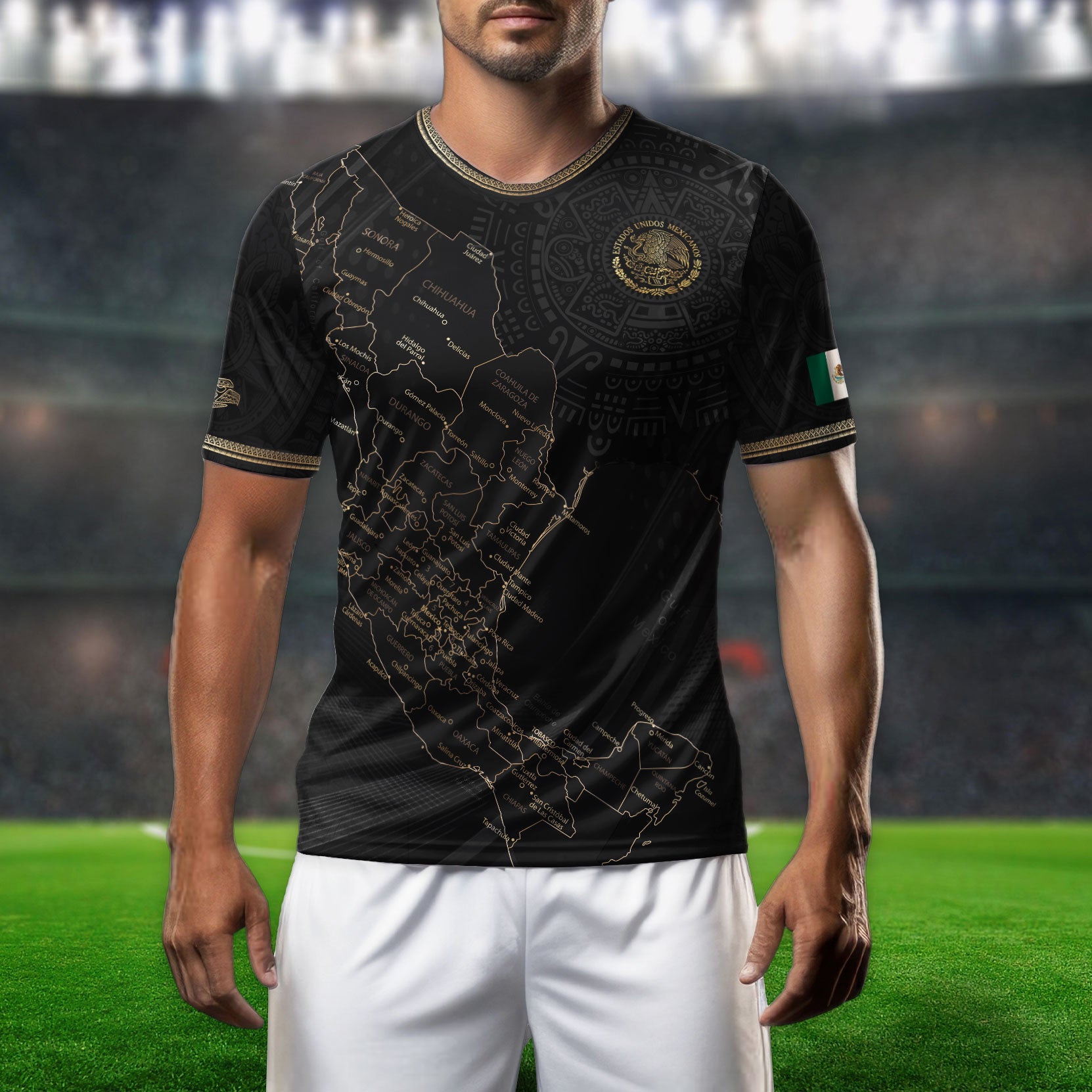 Mexico Black Soccer Jersey with Aztec Sunstone and Heritage Map Design