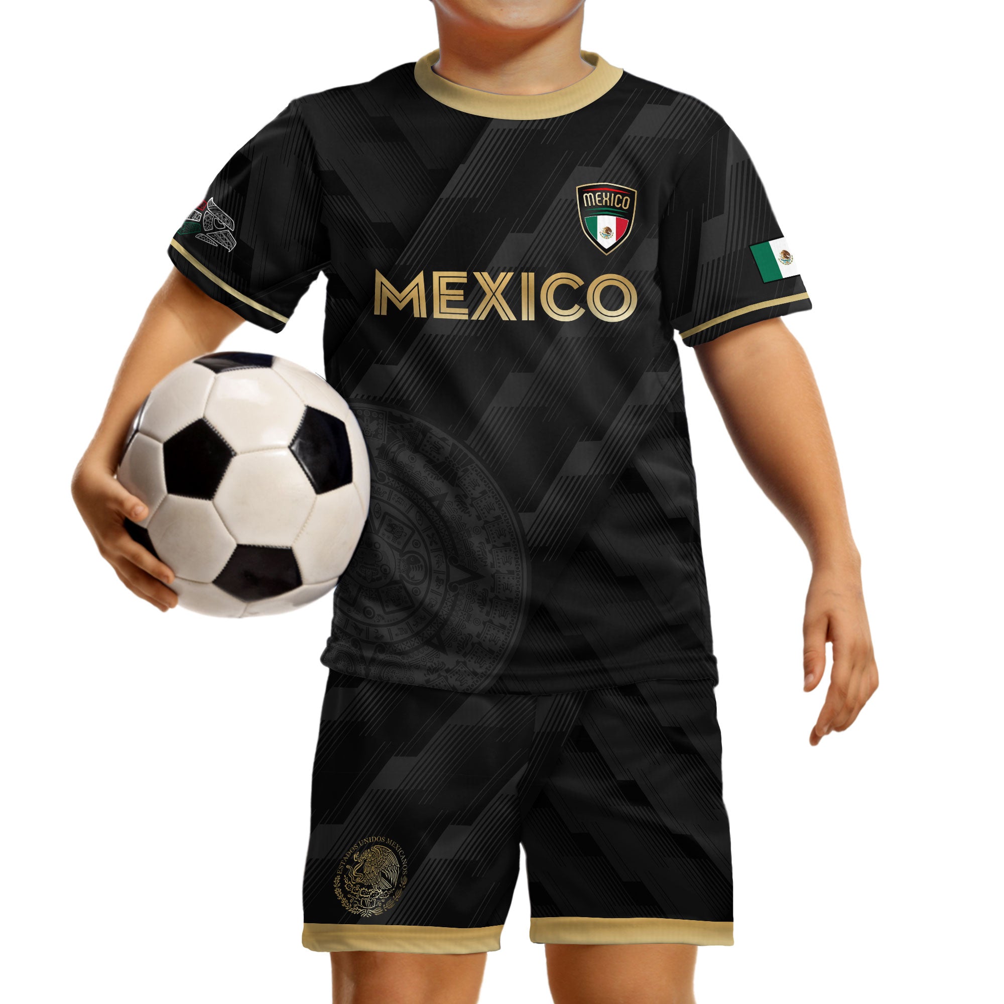 Mexico Kids Black Gold Aztec Calendar Crest Soccer Jersey