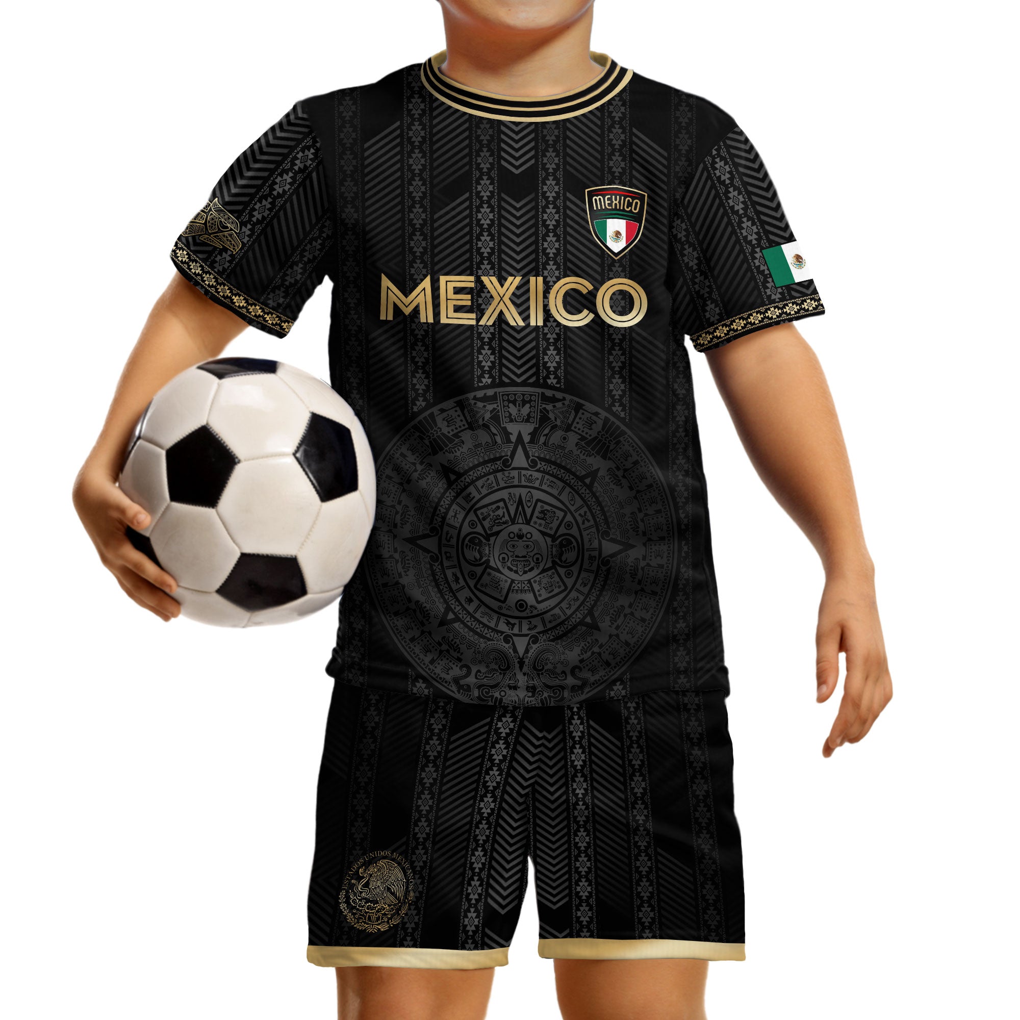Mexico Kids Black Gold Aztec Calendar Design Soccer Jersey