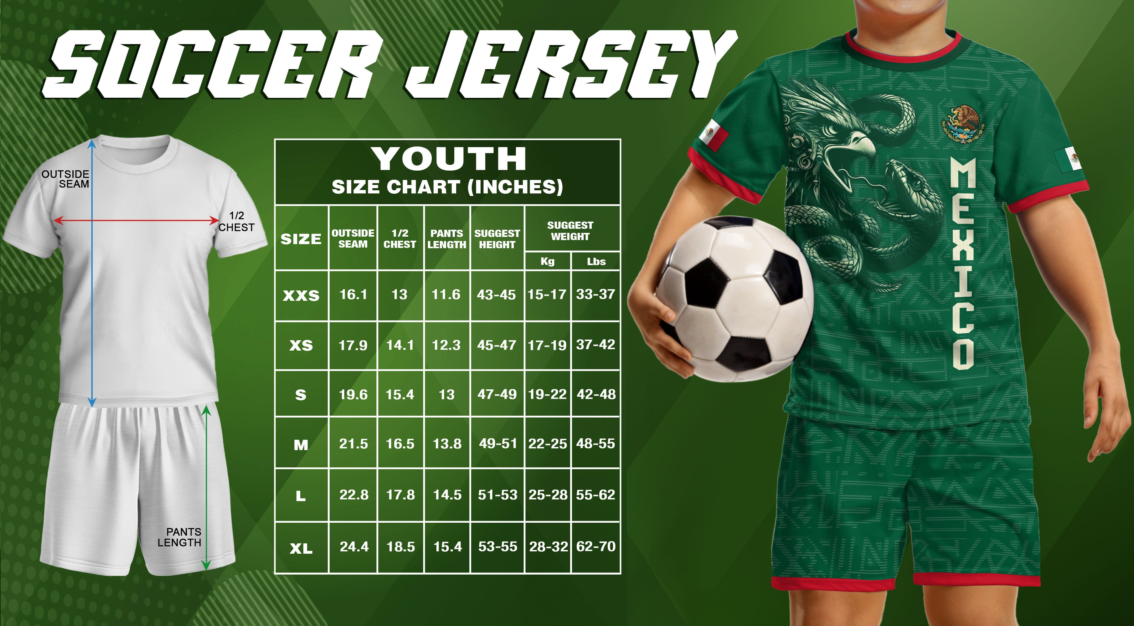 Mexico Kids Soccer Jersey Set Green Aztec Eagle Serpent Design