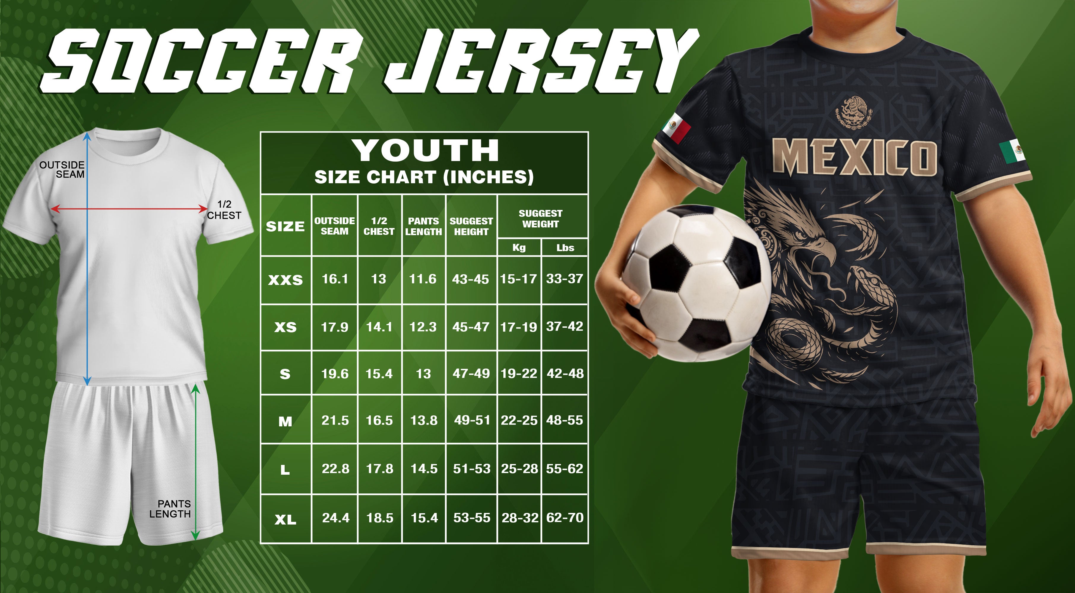 Mexico Kids Soccer Jersey Black Gold Aztec Eagle Serpent Design