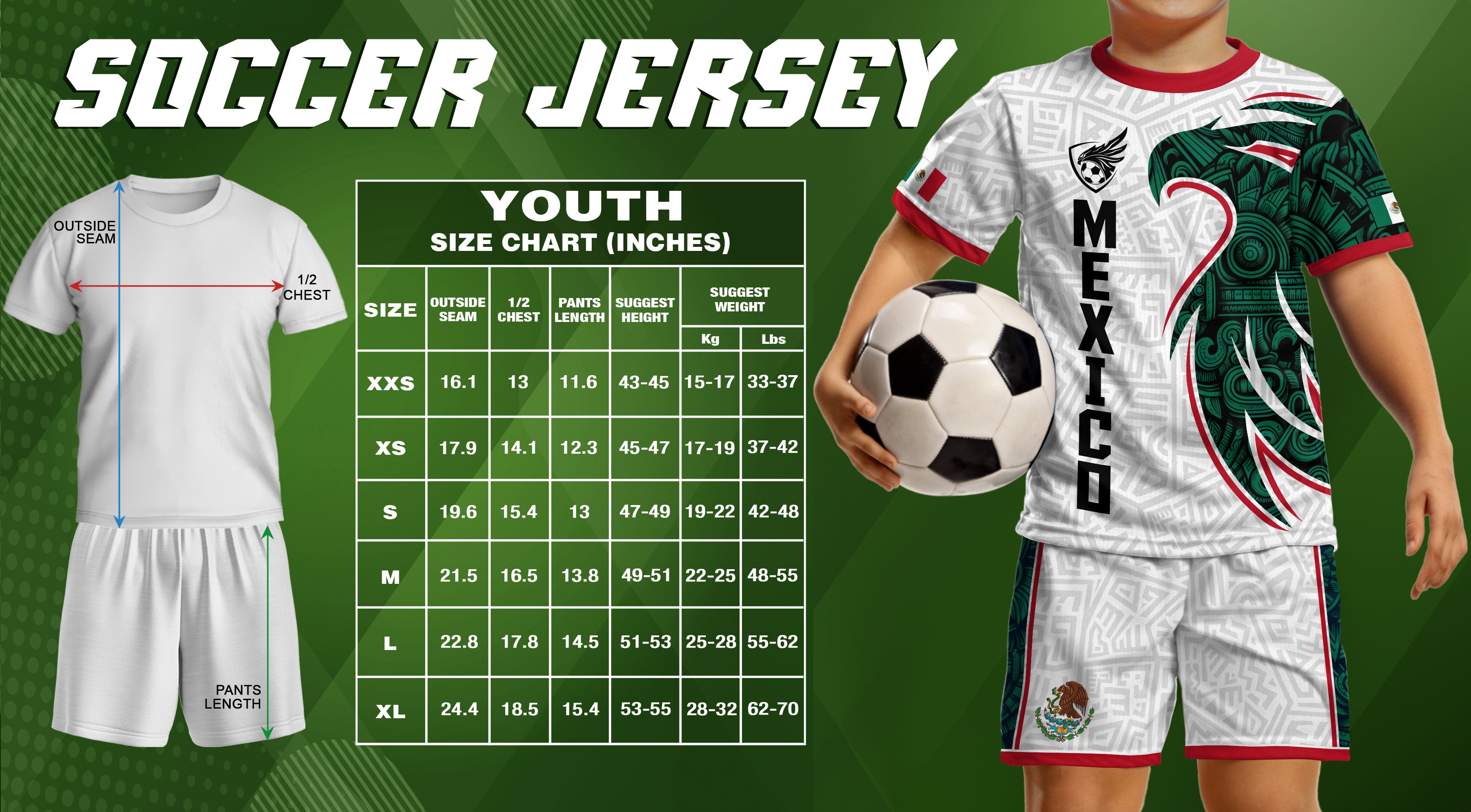 Mexico Kids Soccer Jersey White Green Aztec Eagle Design